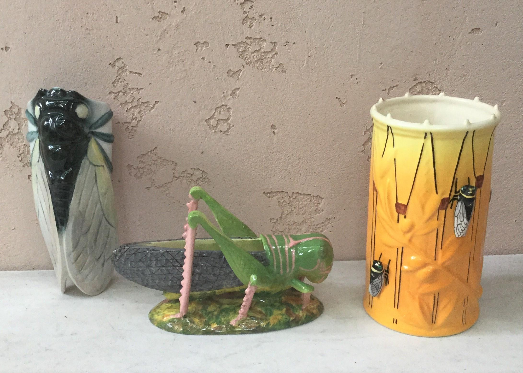 Mid-20th Century Majolica Drum Vase with Cicadas Sicard, circa 1950 For Sale
