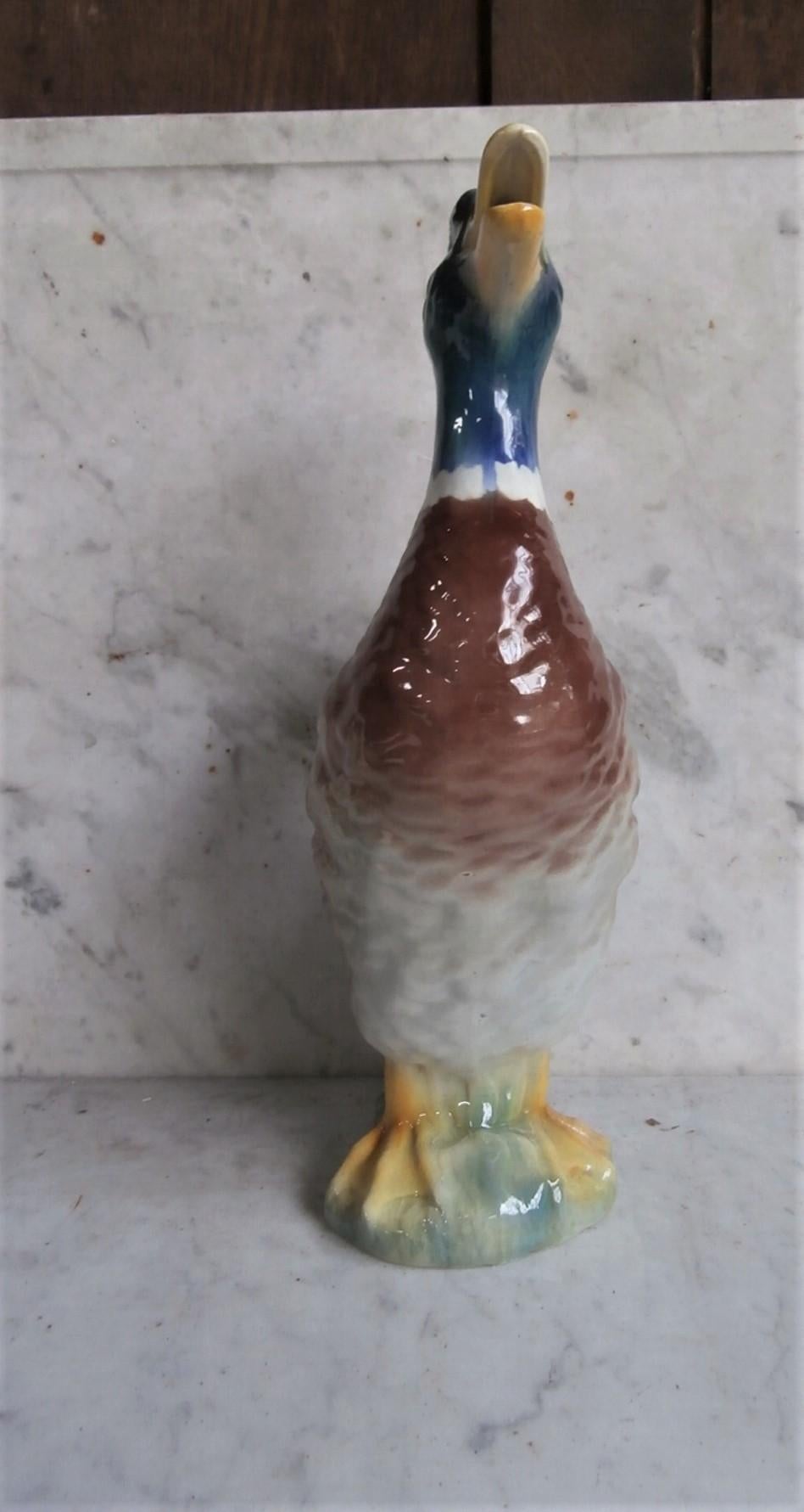 Majolica duck mallard pitcher Keller et Guerin Saint Clement, circa 1900.
This model is the original one, who existed on different sizes this one is number 3.
