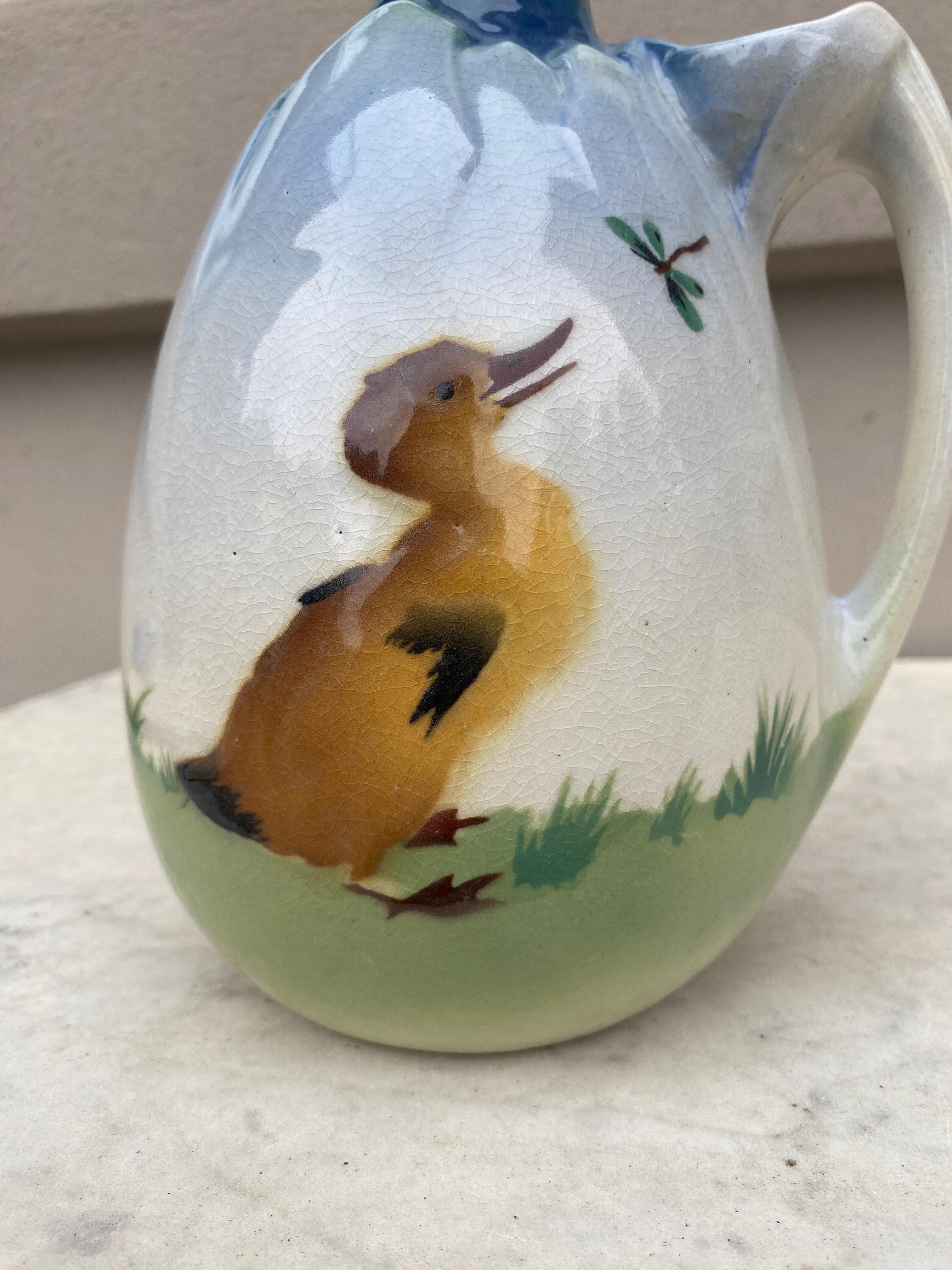 Art Nouveau Majolica Duck Pitcher Keller & Guerin Saint Clement, circa 1900 For Sale