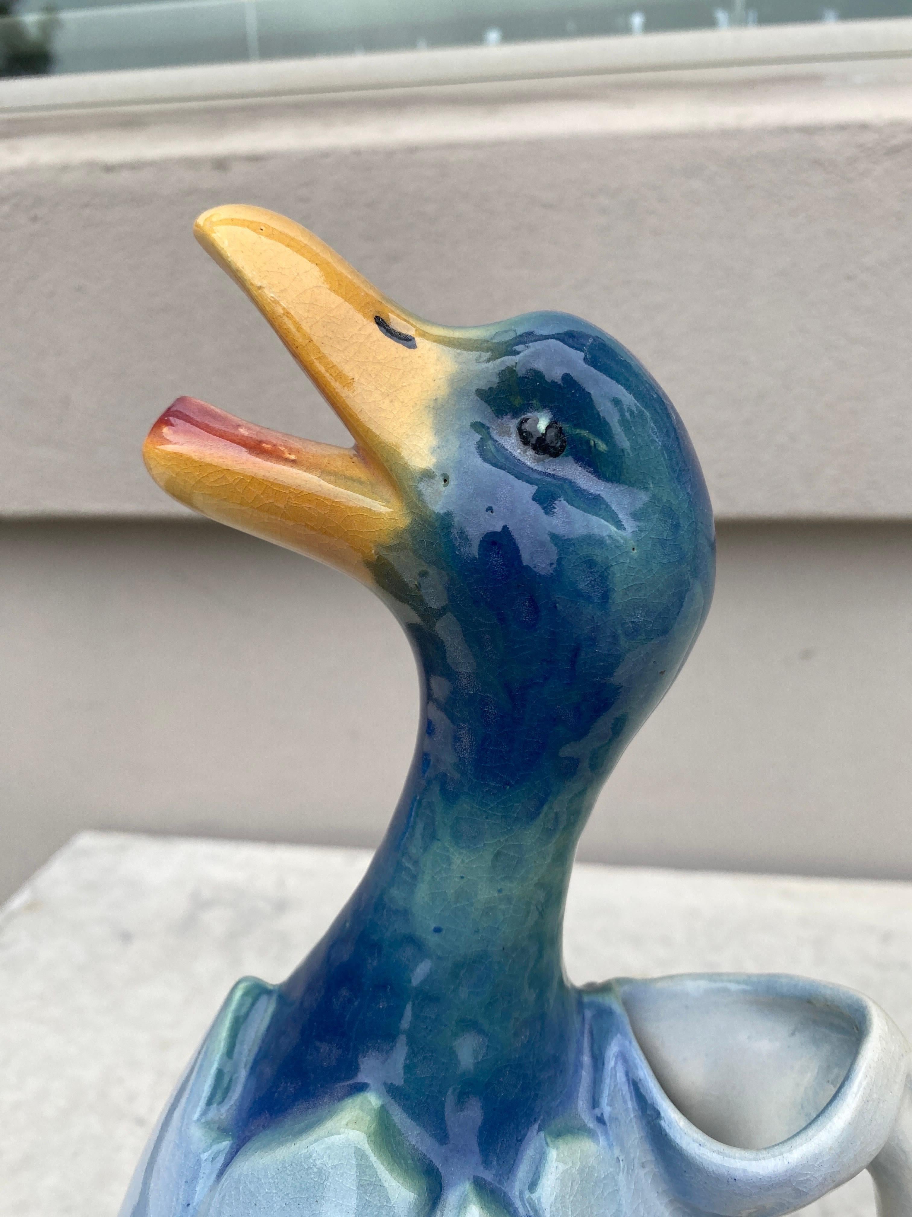 French Majolica Duck Pitcher Keller & Guerin Saint Clement, circa 1900 For Sale