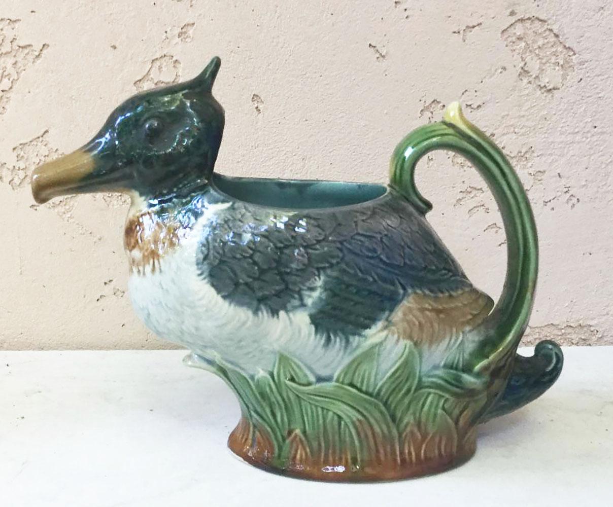 French Majolica pitcher duck with reeds on the base, circa 1890.
Orchies.