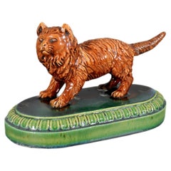 The Pouncing Feline:: 19th Century Majolica Cat Sculpture by William Brownfield