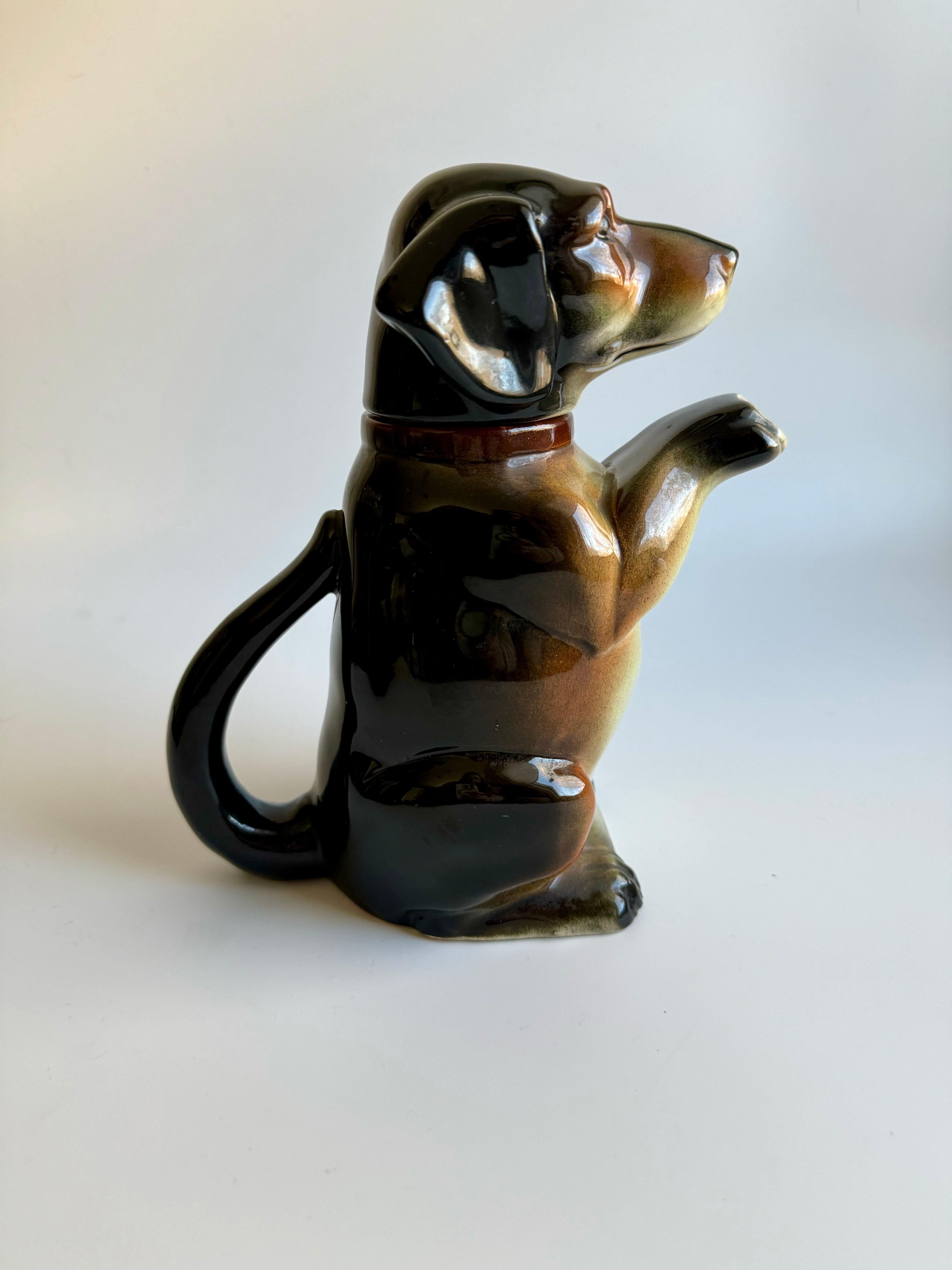 This gorgeous Majolica, Erphila Dachshund Dog teapot stands, waiting to serve! He has a beautiful high gloss finish, done in a cream background, accented in saddle brown and black. He sits upright at a full 8″ tall x 7″ long x 3 3/4″ wide. His paws