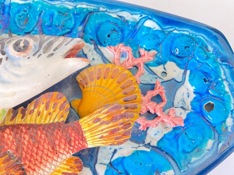 Majolica Fish Decorative Platter Salins, circa 1960 Blue Color For Sale