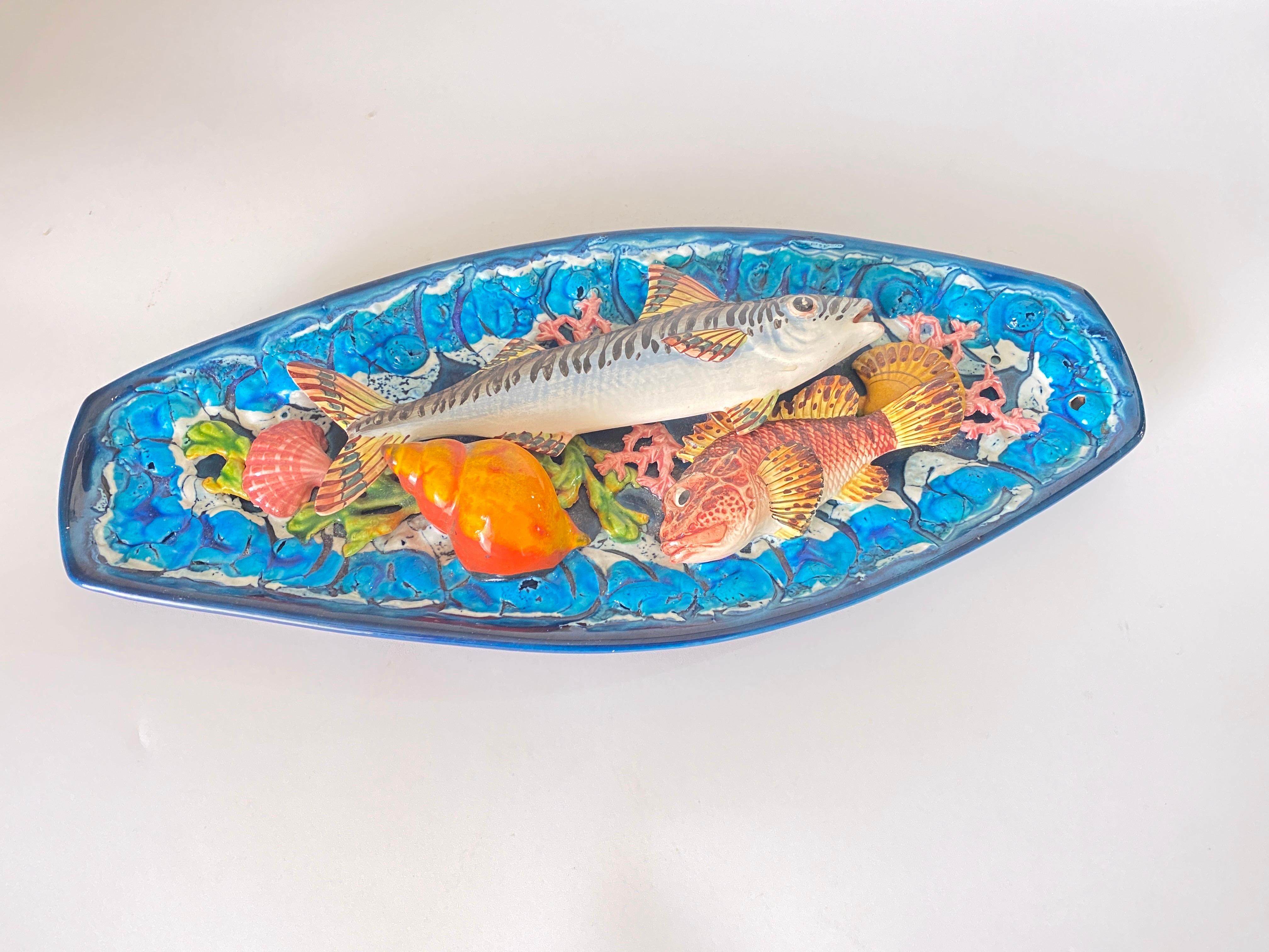 20th Century Majolica Fish Decorative Platter Salins, circa 1960 Blue Color For Sale