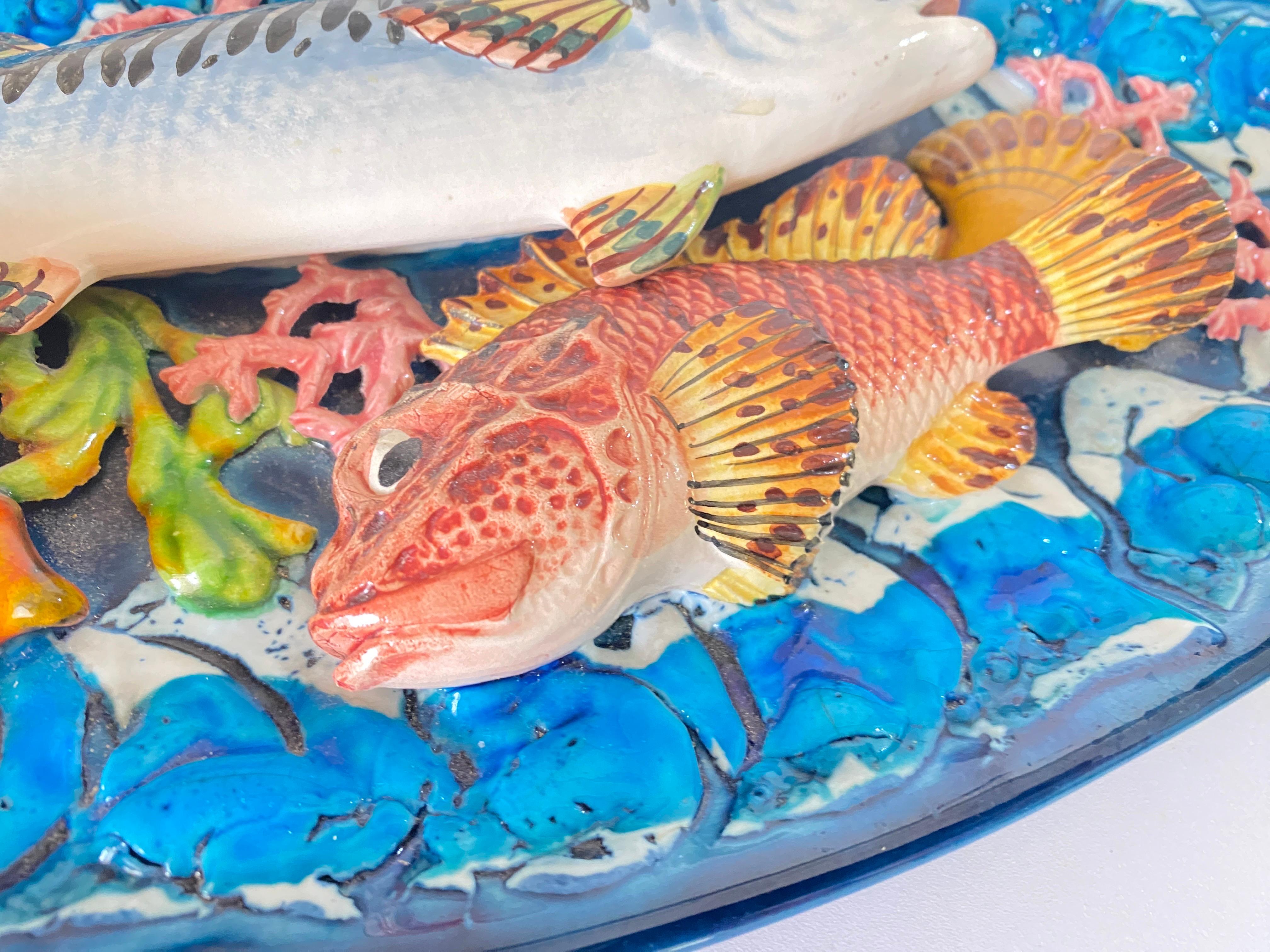 Ceramic Majolica Fish Decorative Platter Salins, circa 1960 Blue Color For Sale
