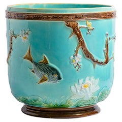 Antique Majolica Fish Jardiniere, Attr. To Joseph Holdcroft C. 1870s