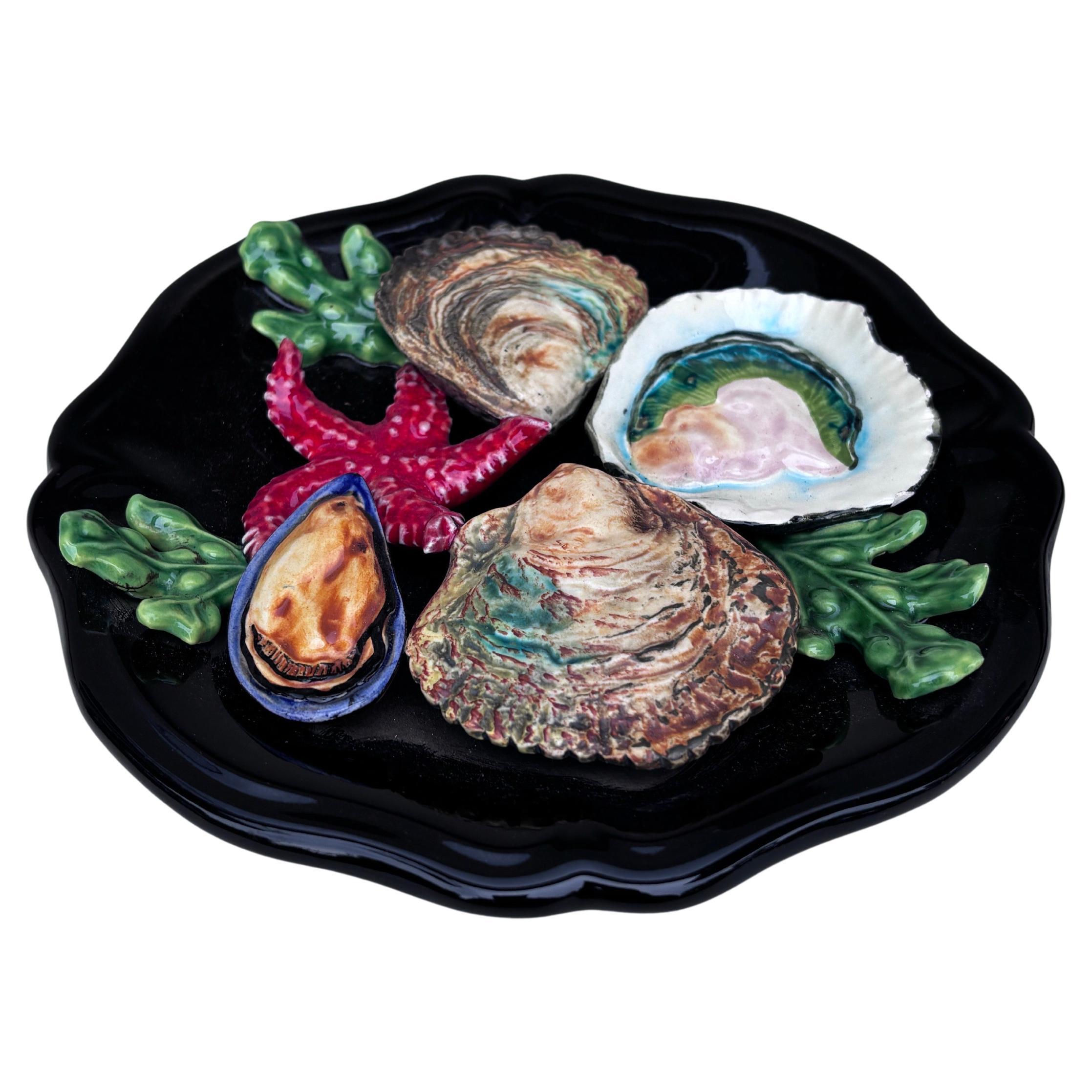 Mid-Century Modern Majolica Fish Sealife Oysters Platter Vallauris, circa 1950 For Sale
