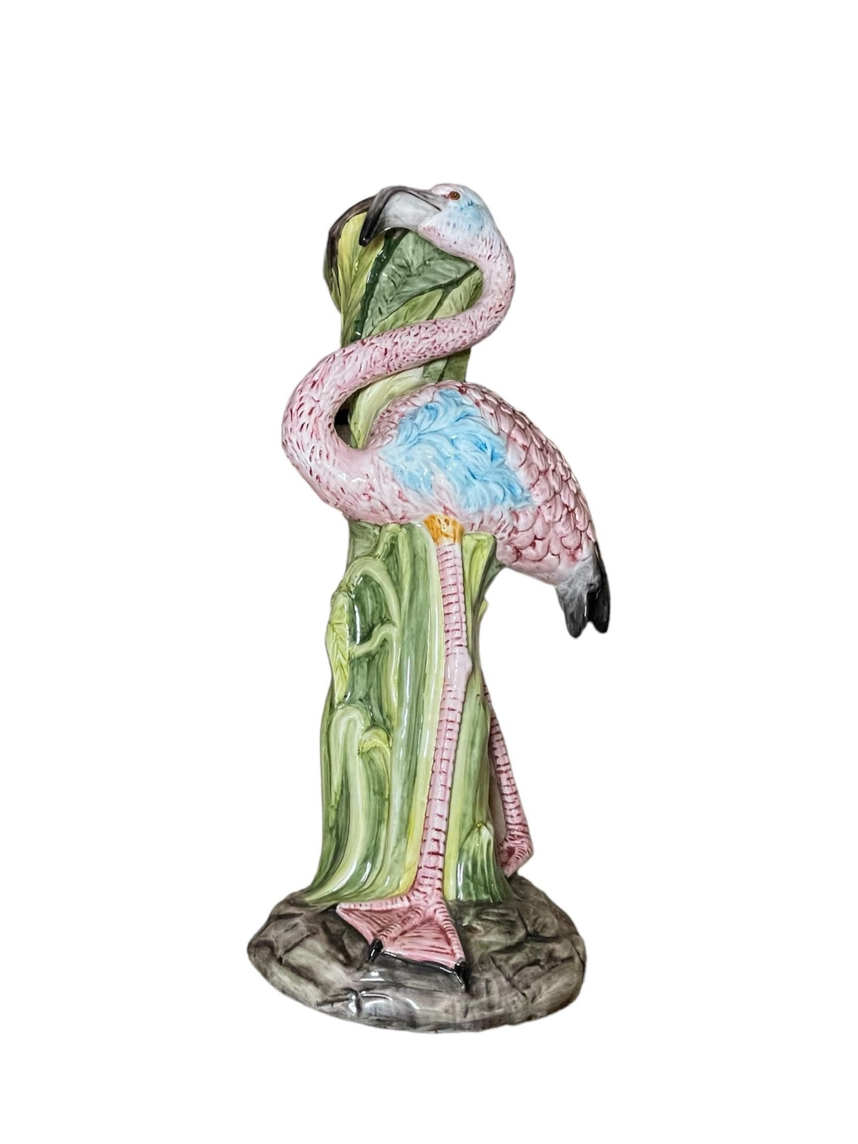 Art Nouveau Majolica Flamingo Jardiniere And Pedestal