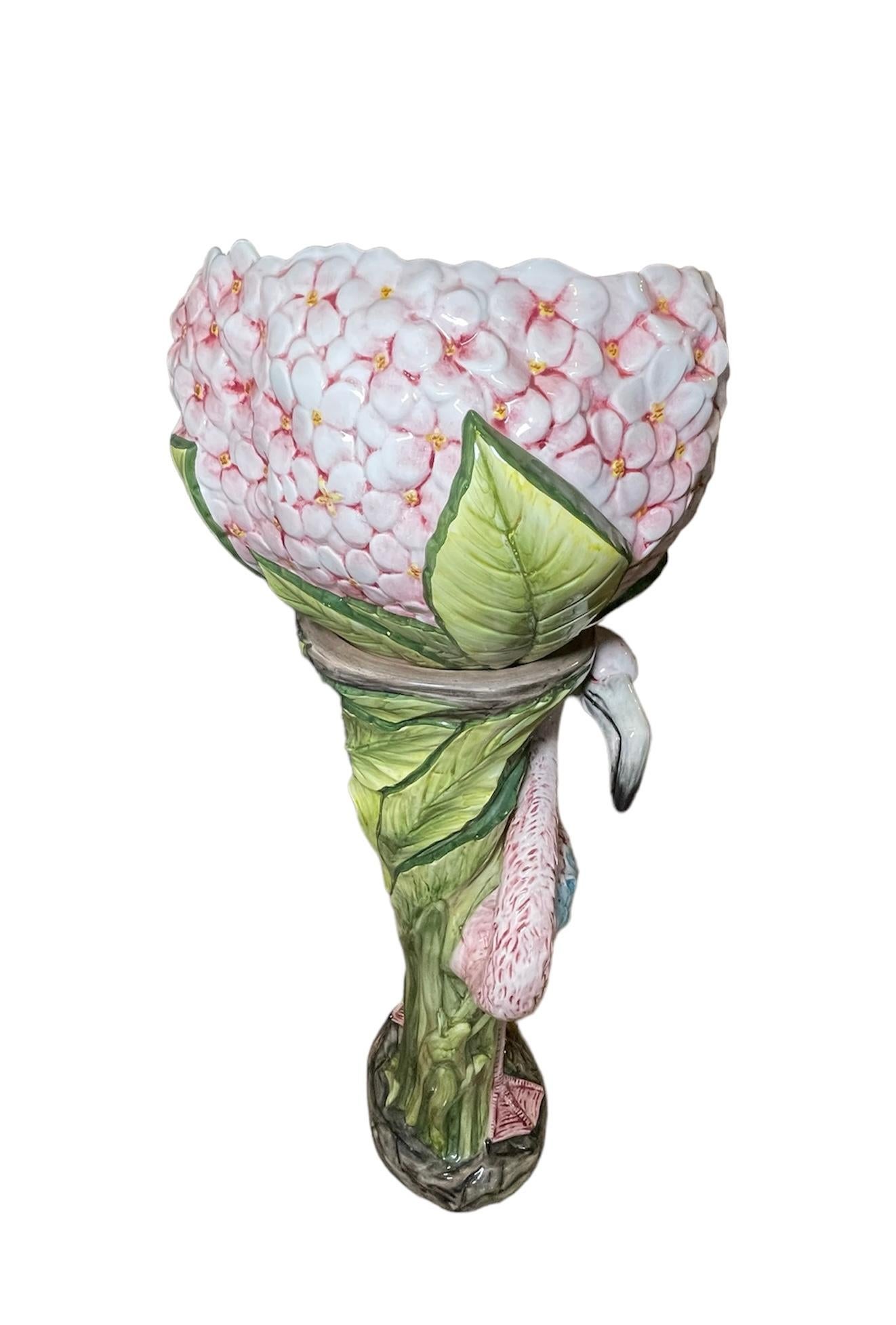 Hand-Painted Majolica Flamingo Jardiniere And Pedestal