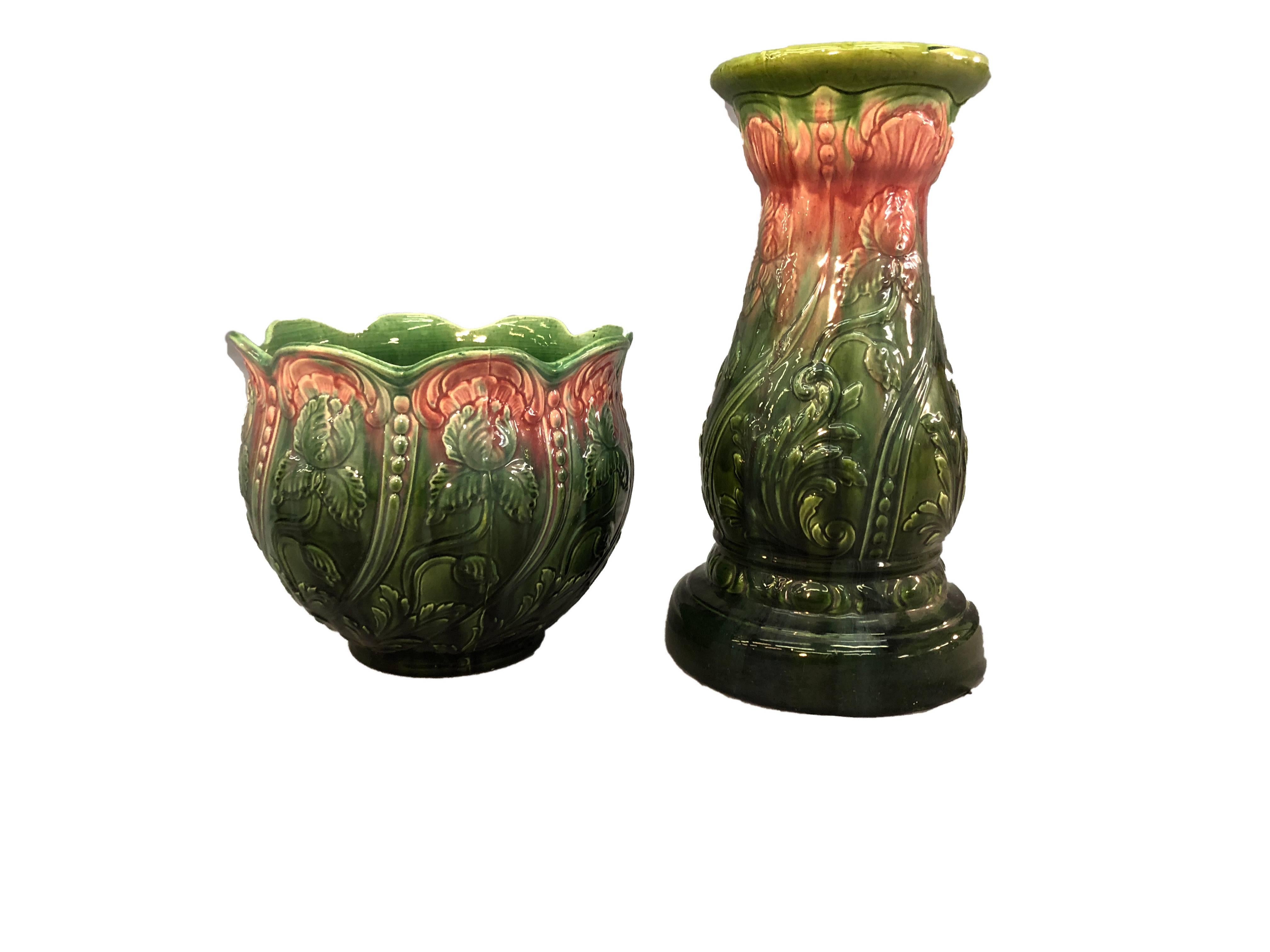 Victorian Majolica Floral Ceramic Planter For Sale