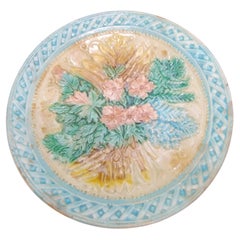 Antique Majolica Floral Dish with Bouquet of Leaves and Flowers