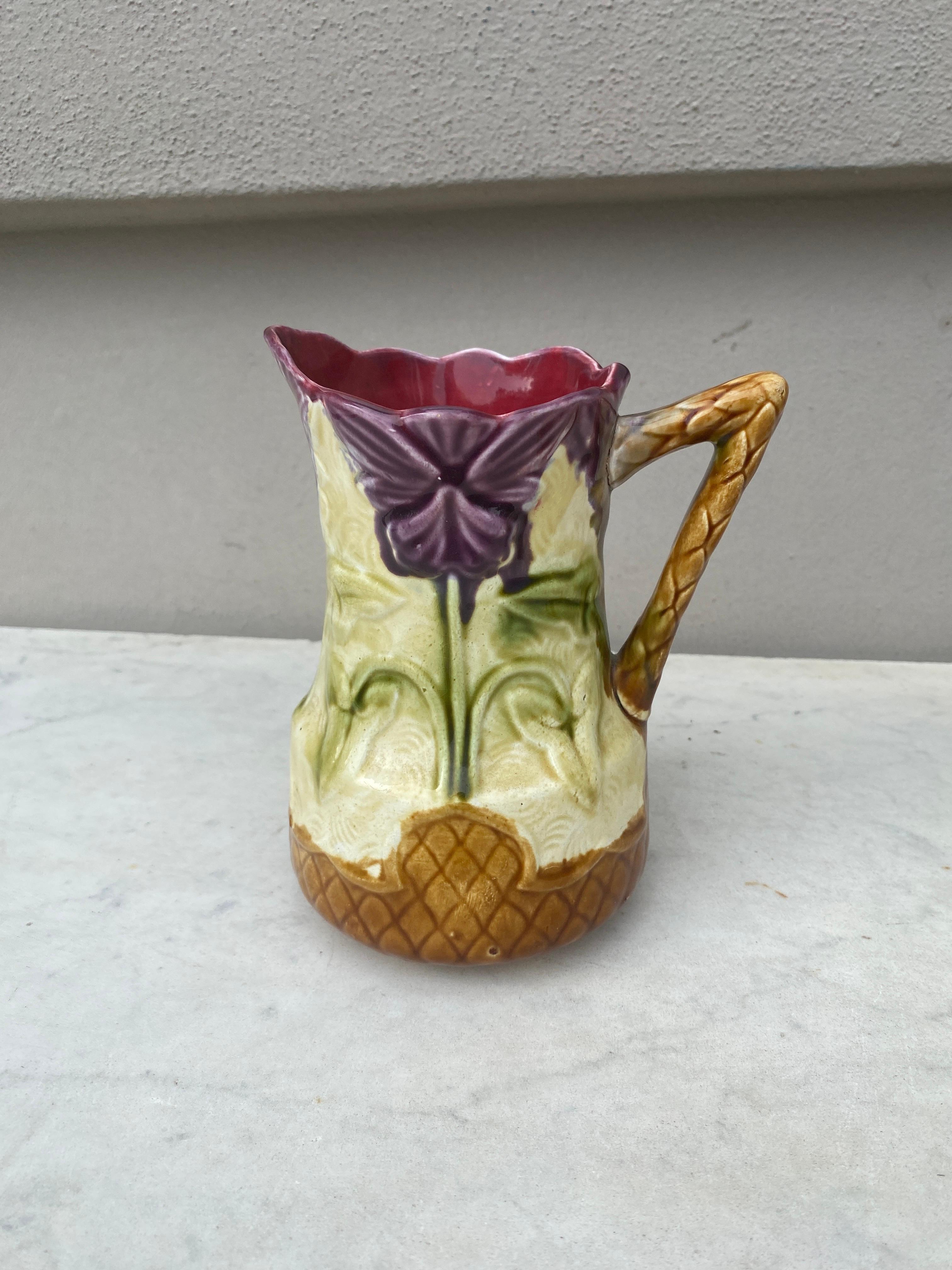 Majolica Flower and Leaves Pitcher Onnaing, circa 1900 For Sale 5
