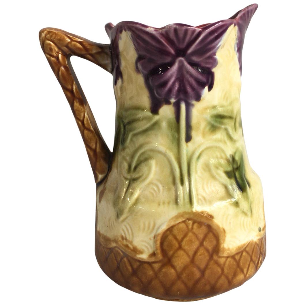 Majolica flower and leaves pitcher Onnaing, circa 1900.