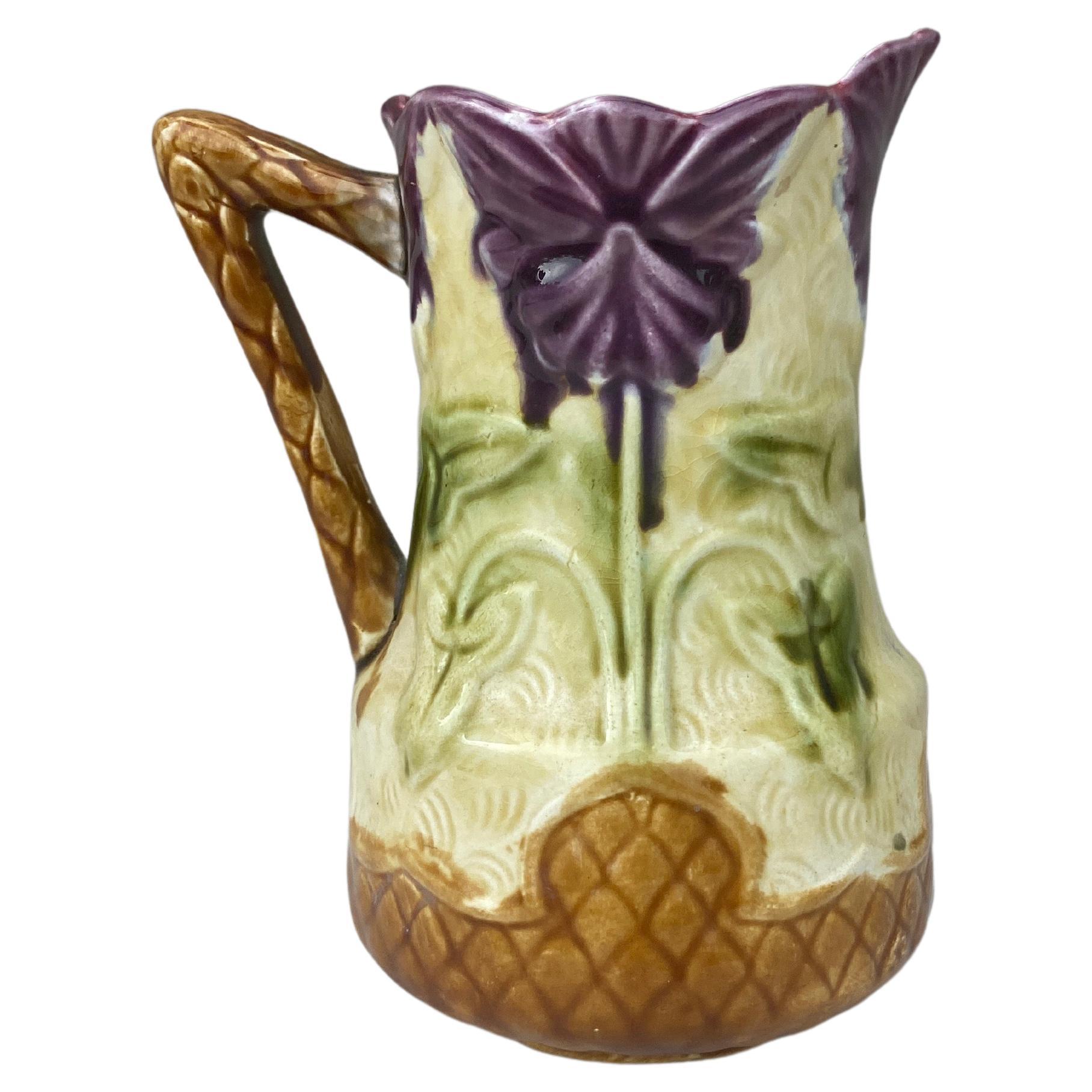 Majolica Flower and Leaves Pitcher Onnaing, circa 1900 For Sale