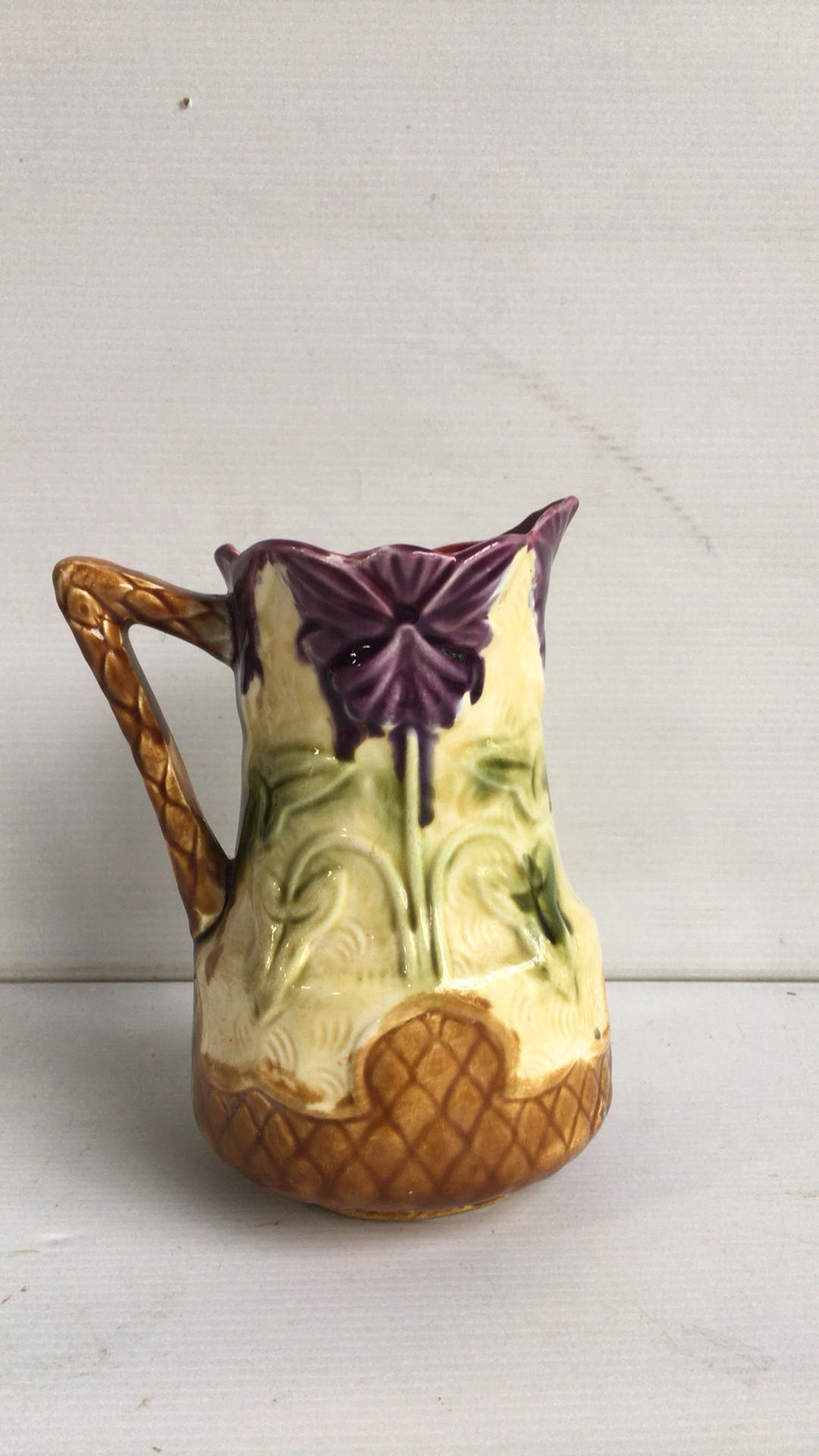 Art Nouveau Majolica Flower and Leaves Pitcher Onnaing, circa 1900 For Sale