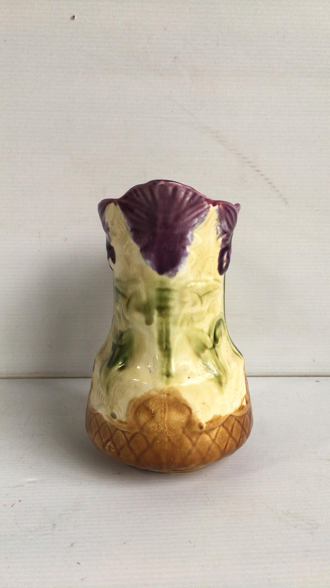 French Majolica Flower and Leaves Pitcher Onnaing, circa 1900 For Sale