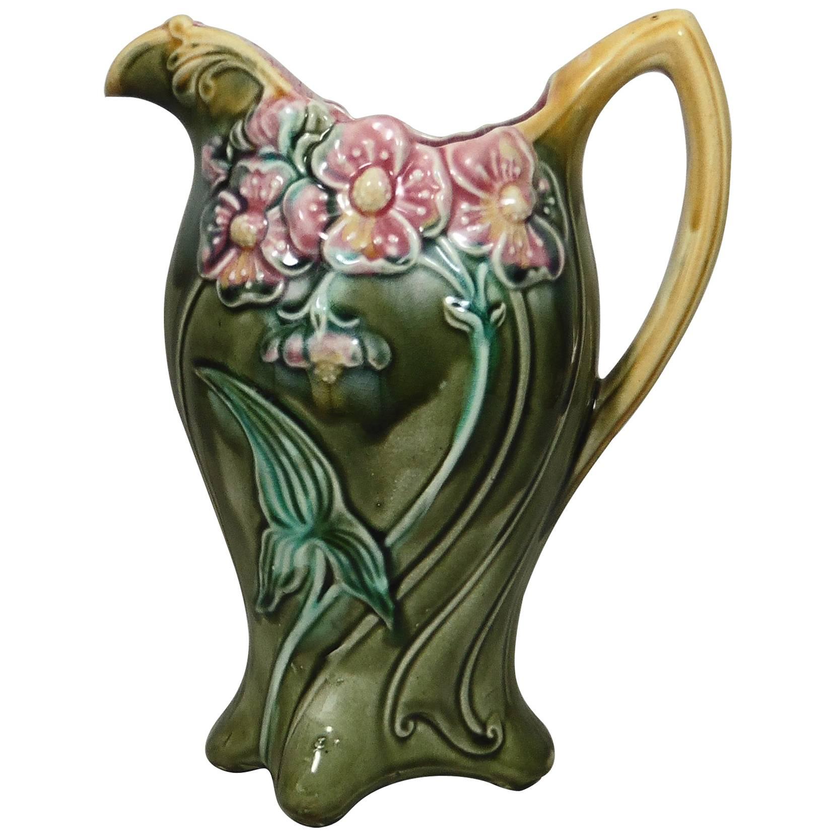 Majolica Flower and Leaves Pitcher Onnaing, circa 1900 For Sale 1