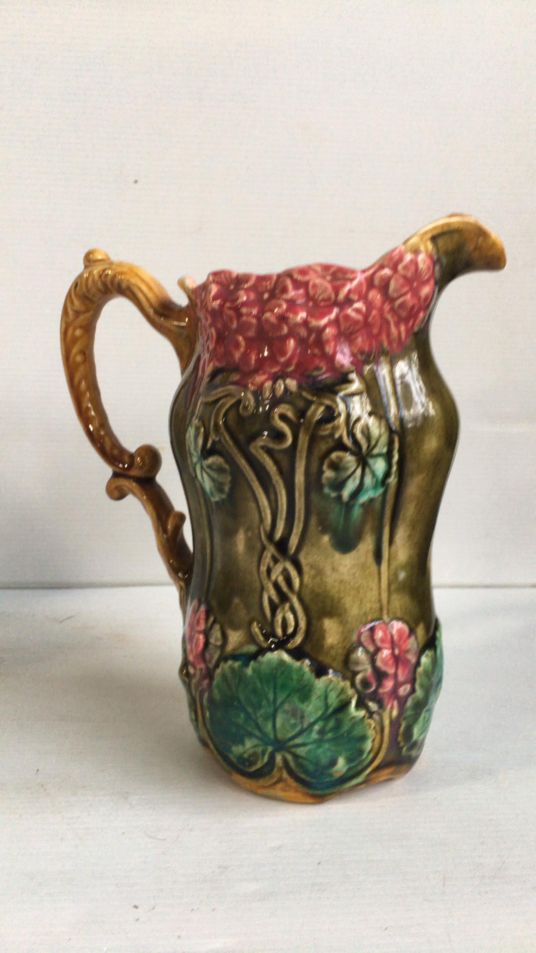 Majolica Flower and Leaves Pitcher Onnaing, circa 1900 For Sale 2