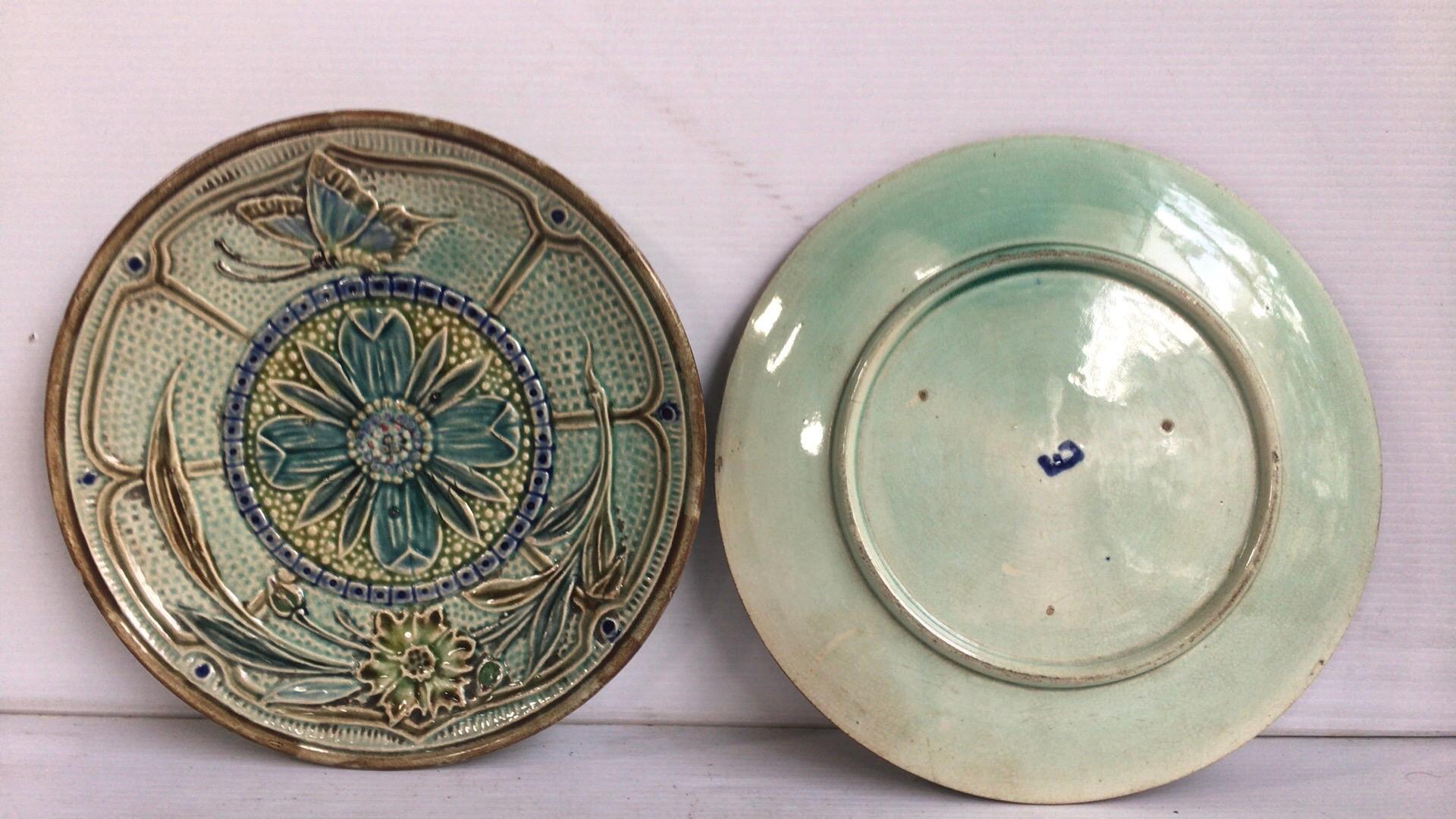 Rustic Majolica Flowers and Butterfly Plate Wasmuel, circa 1880
