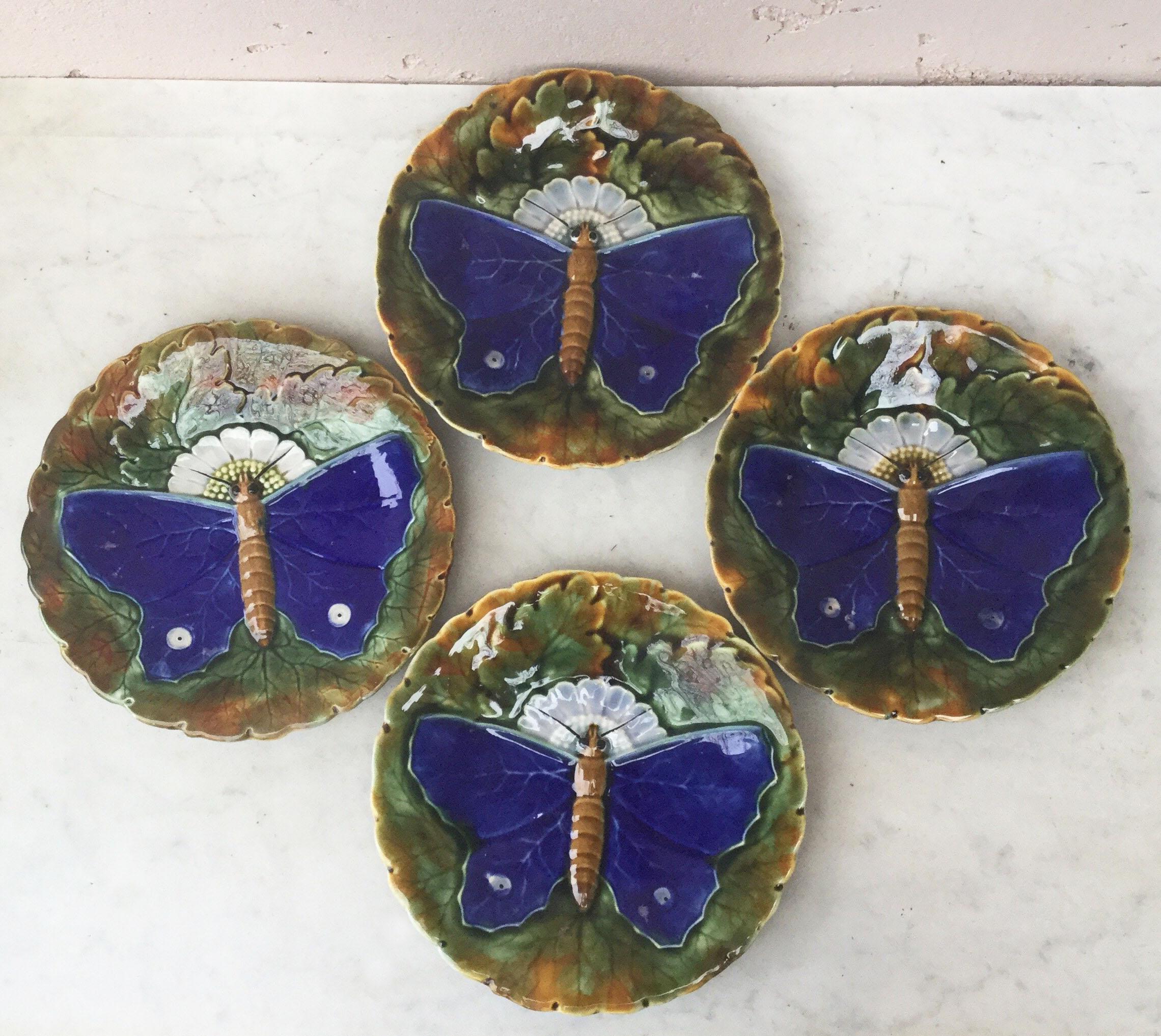 Majolica Flowers and Butterfly Plate Wasmuel, circa 1880 In Good Condition In Austin, TX