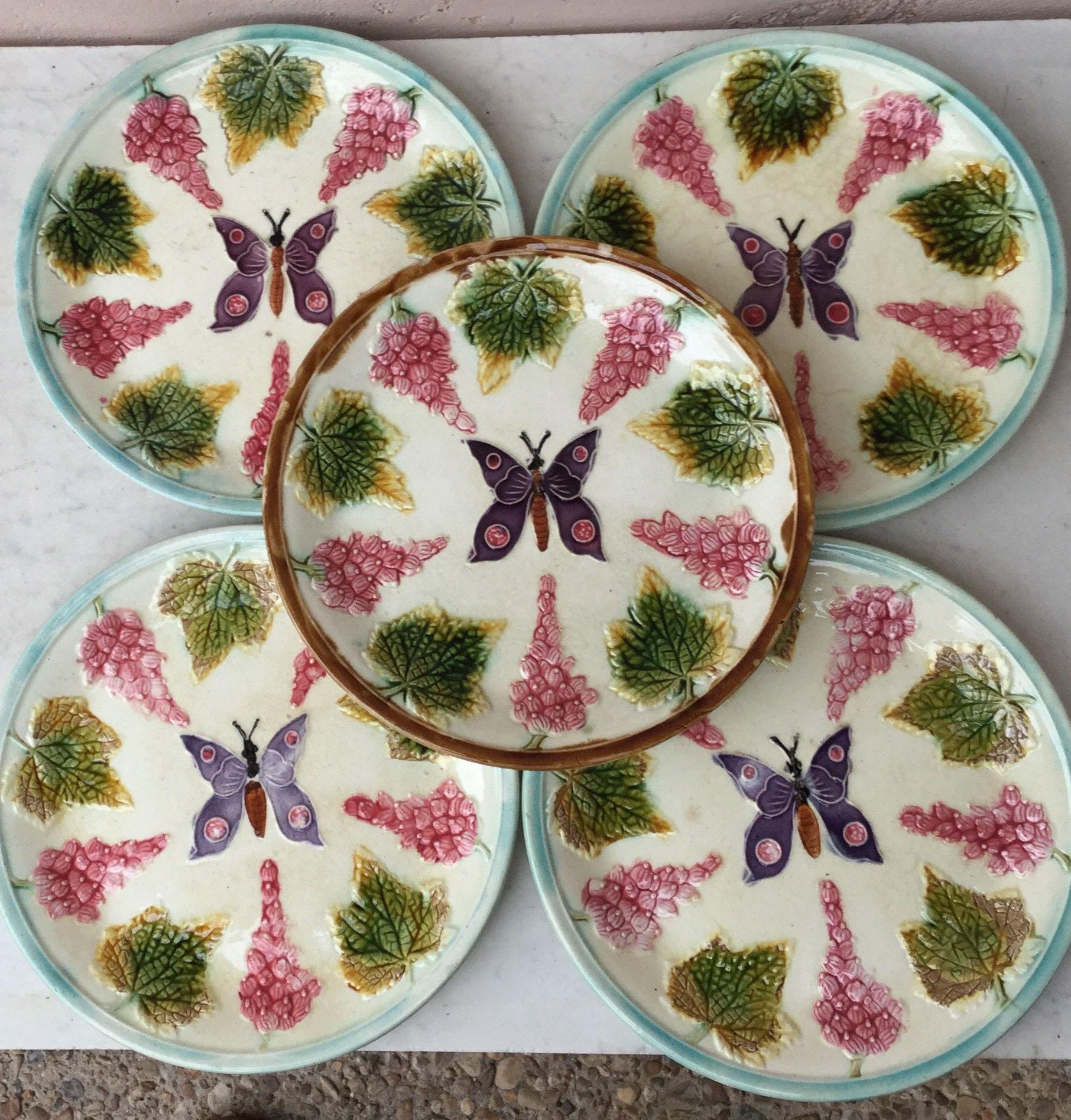 19th Century Majolica Flowers and Butterfly Plate Wasmuel, circa 1880