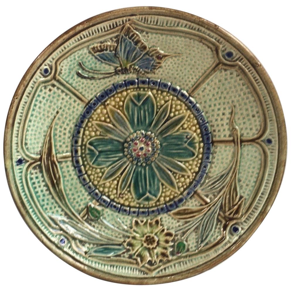 Majolica Flowers and Butterfly Plate Wasmuel, circa 1880