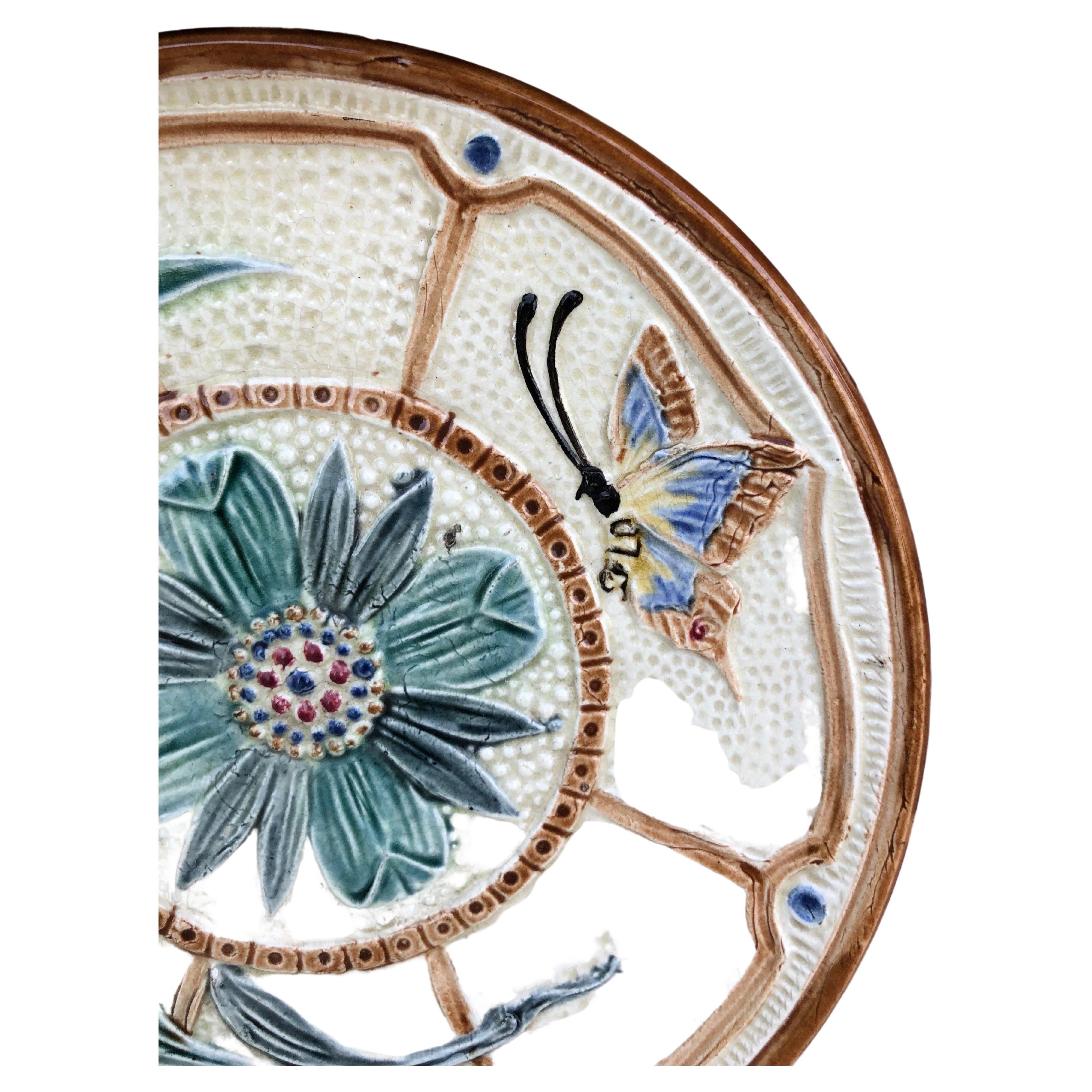 Art Nouveau Majolica Flowers and Butterfly Plate Wasmuel, Circa 1890 For Sale