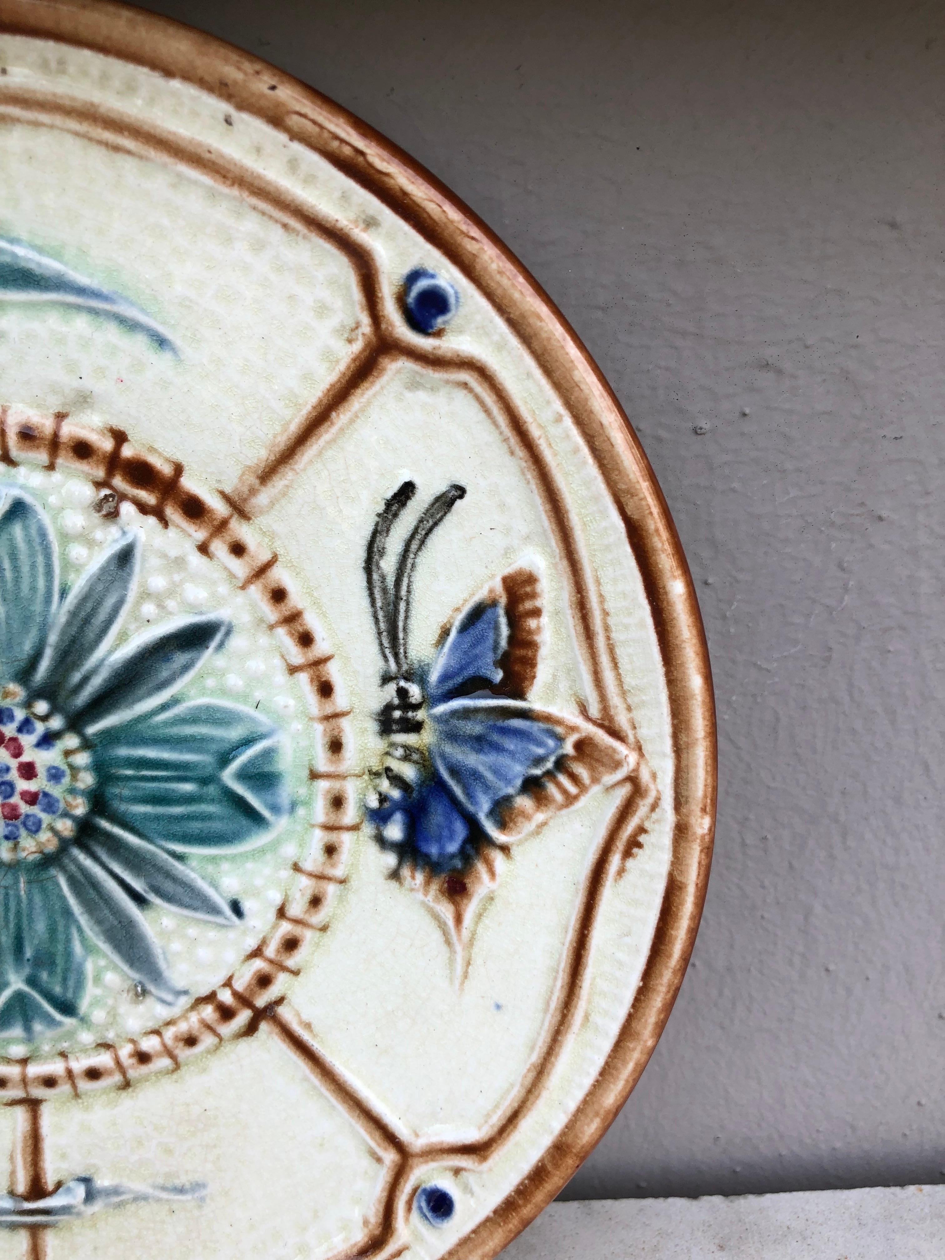 Art Nouveau Majolica Flowers and Butterfly Plate Wasmuel Circa 1890 For Sale