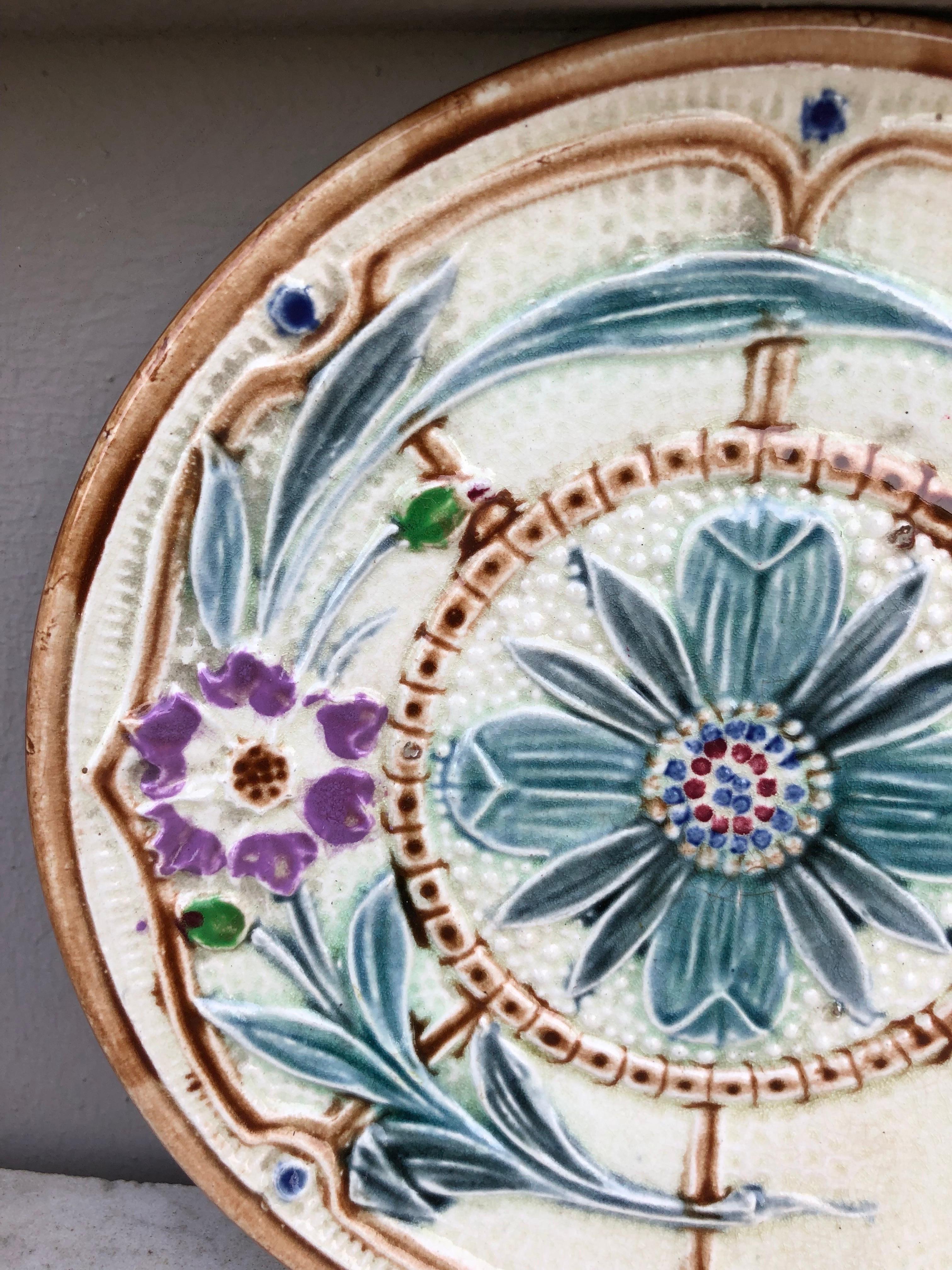 Belgian Majolica Flowers and Butterfly Plate Wasmuel Circa 1890 For Sale