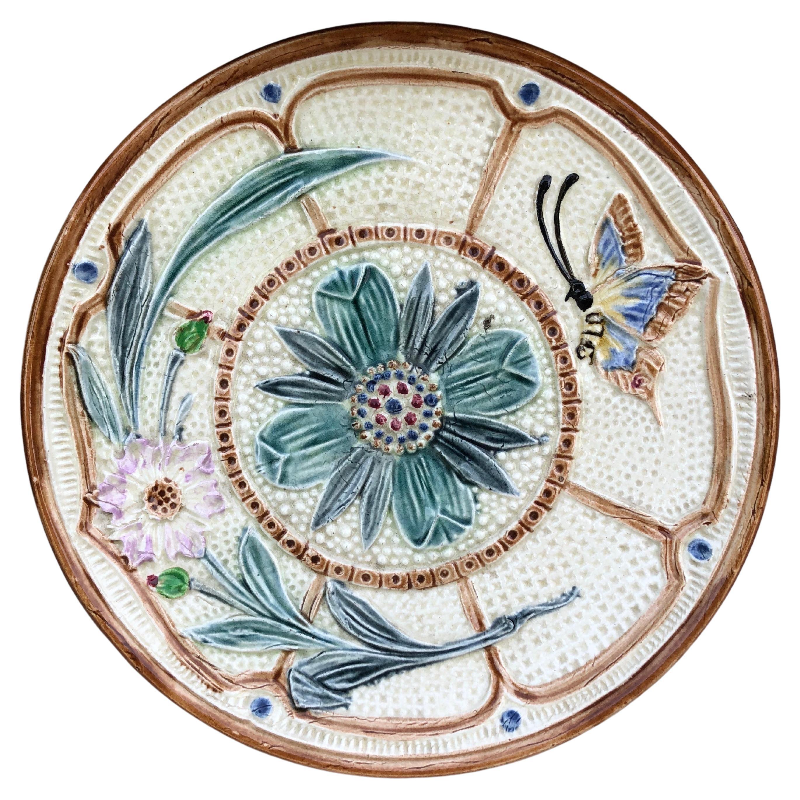 Majolica Flowers and Butterfly Plate Wasmuel, Circa 1890 For Sale