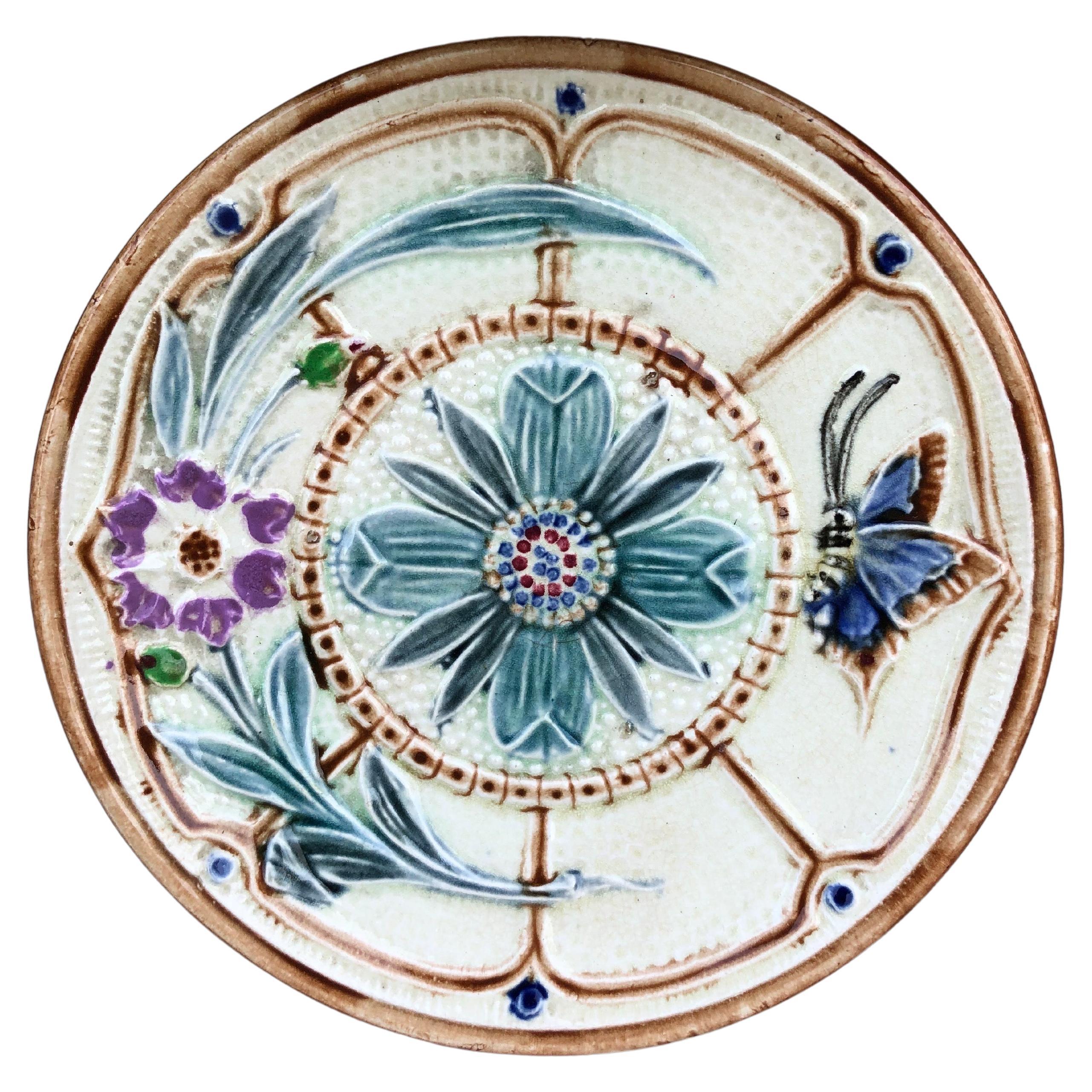 Majolica Flowers and Butterfly Plate Wasmuel Circa 1890 For Sale