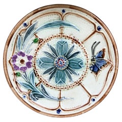 Antique Majolica Flowers and Butterfly Plate Wasmuel Circa 1890