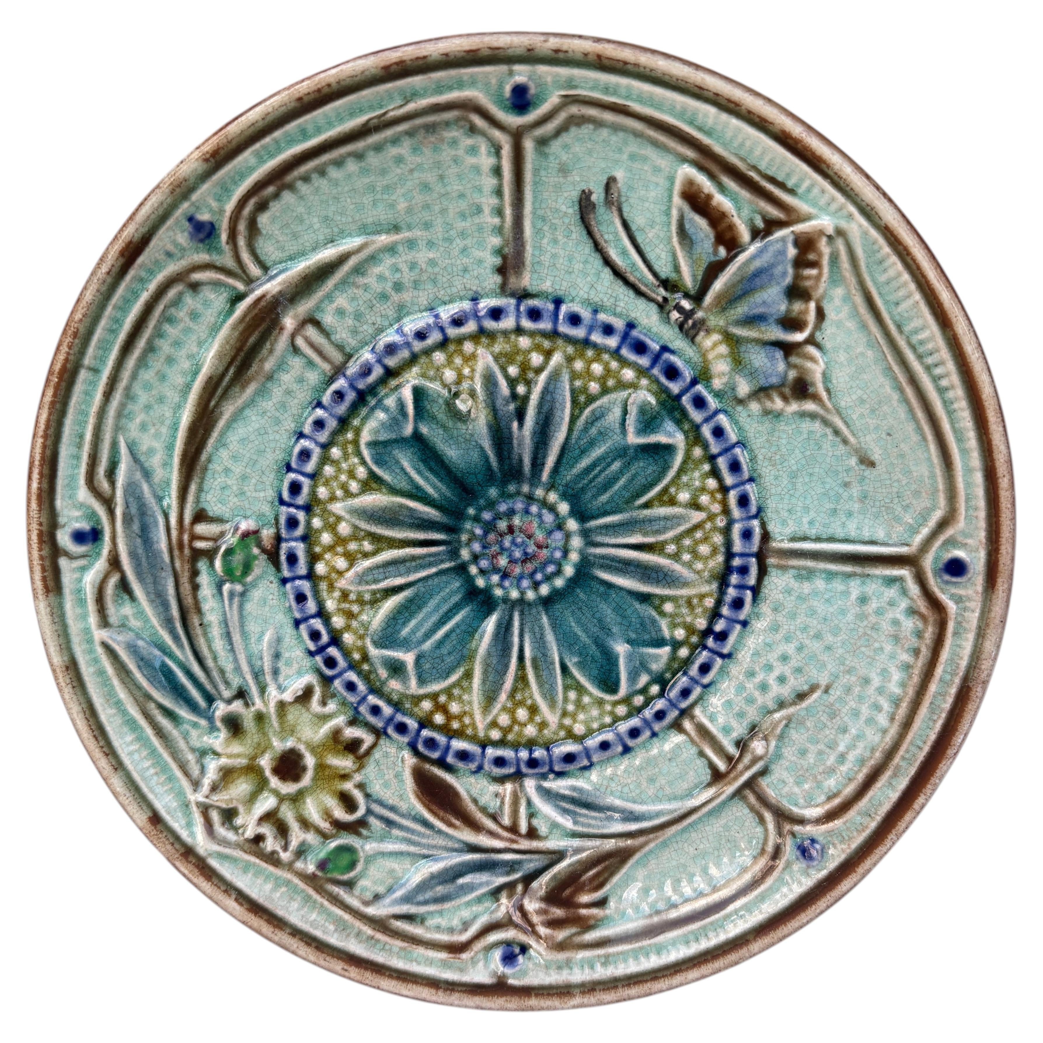 Majolica Flowers & Butterfly Plate Wasmuel Circa 1890