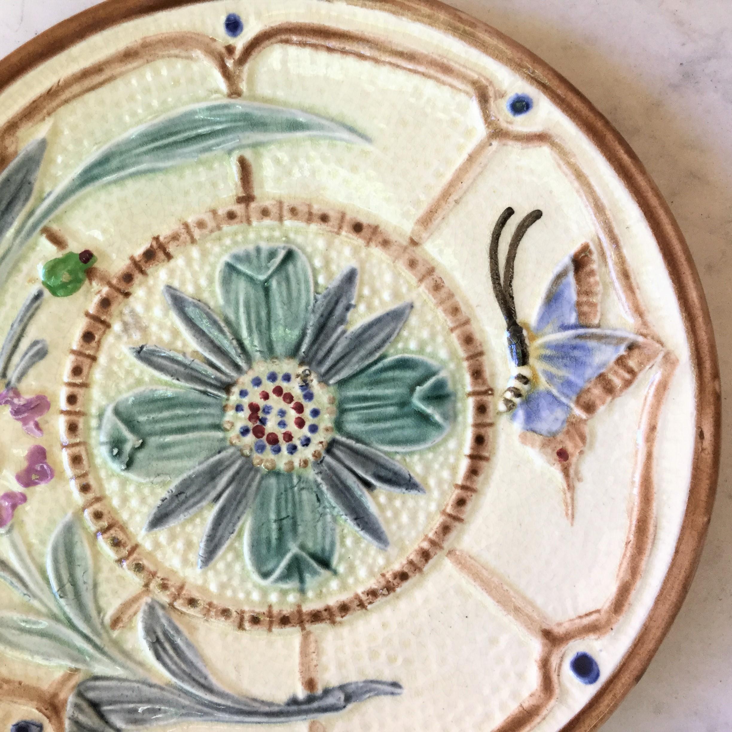 Rustic Majolica Flowers and Butterfly Plate Wasmuel, circa 1880