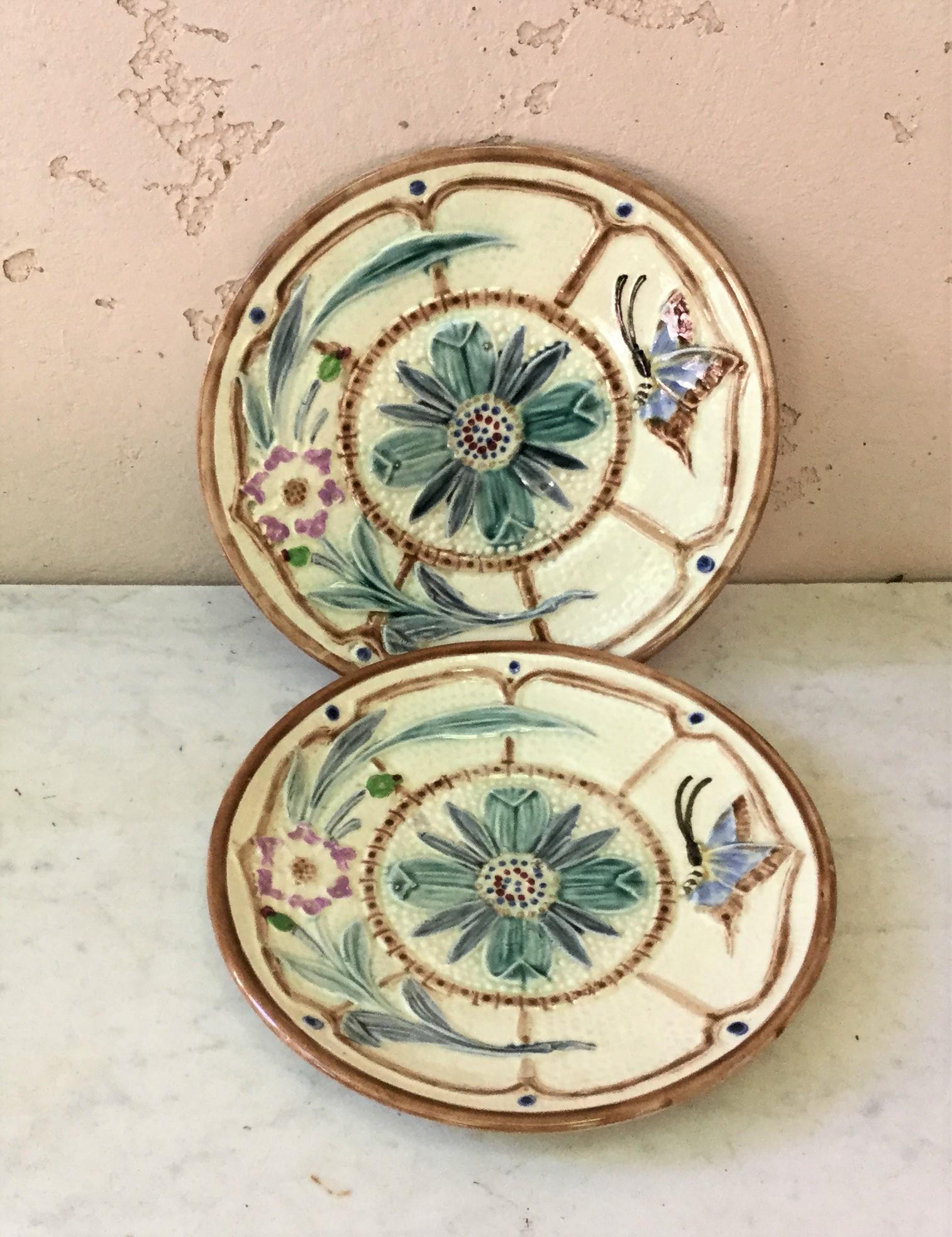 Belgian Majolica Flowers and Butterfly Plate Wasmuel, circa 1880