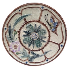 Majolica Flowers & Butterfly Plate Wasmuel Circa 1890