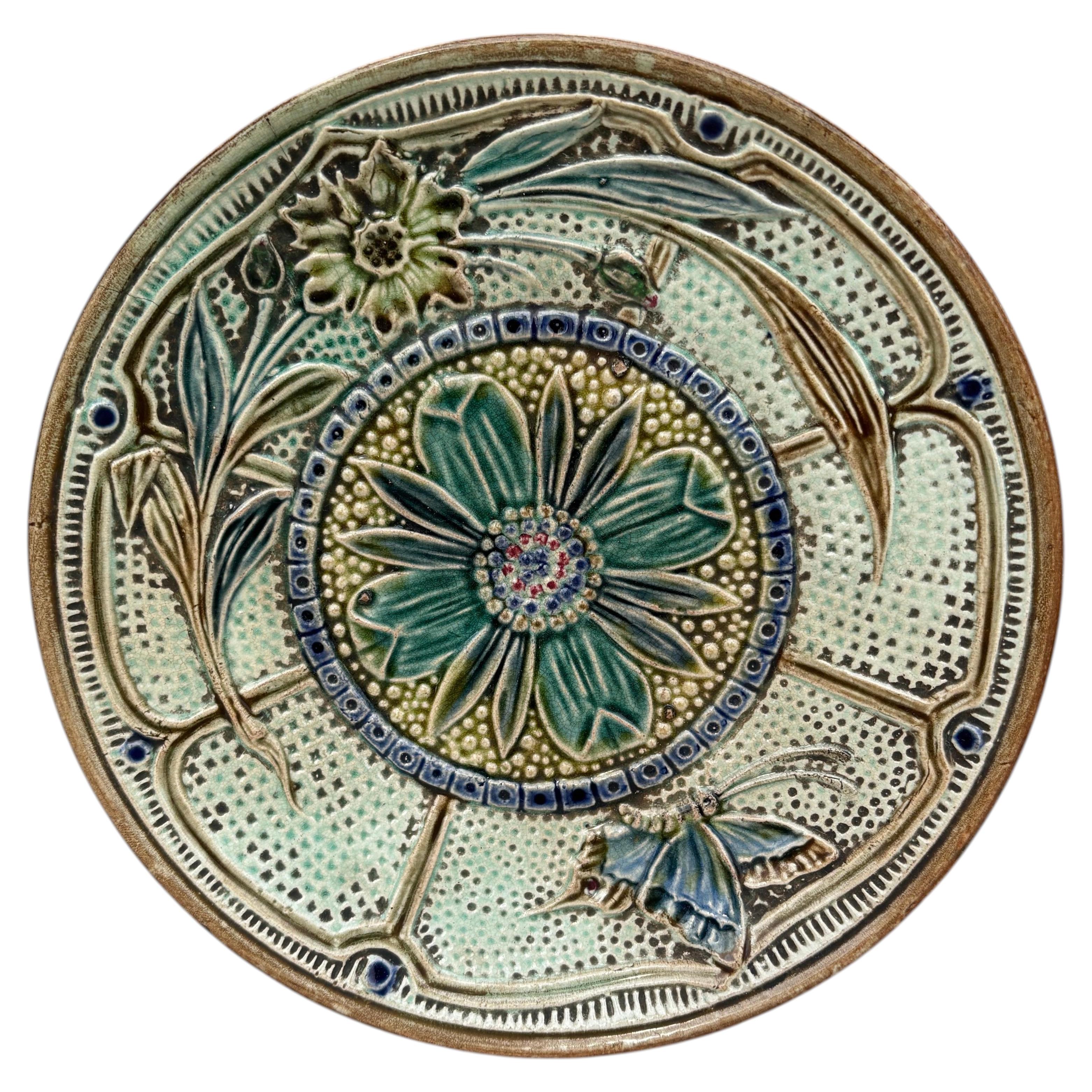 Majolica Flowers & Butterfly Plate Wasmuel Circa 1890 For Sale