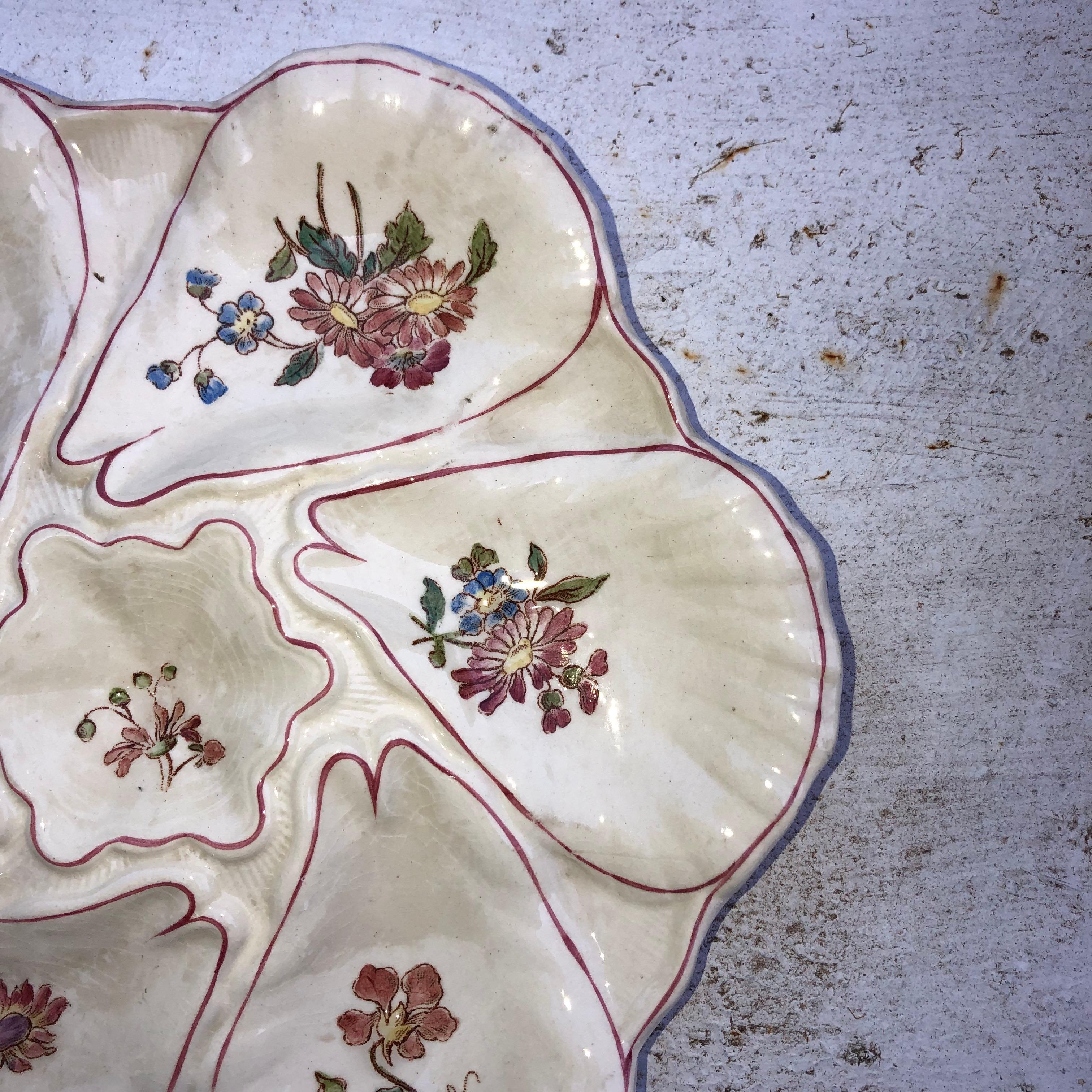 Romantic Majolica Flowers Oyster Plate Longchamp, circa 1900