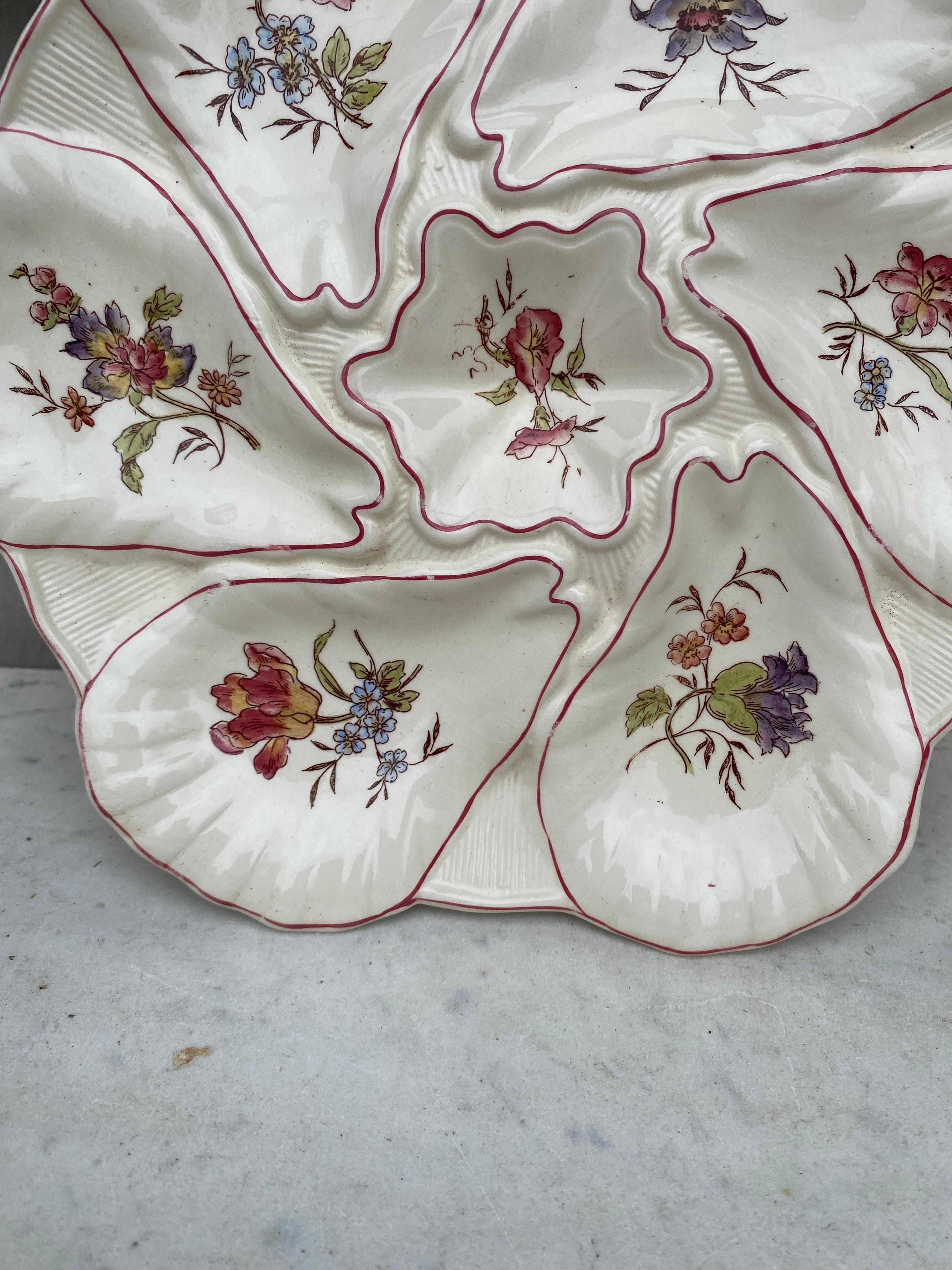 Romantic Majolica Flowers Oyster Plate Longchamp, circa 1900 For Sale