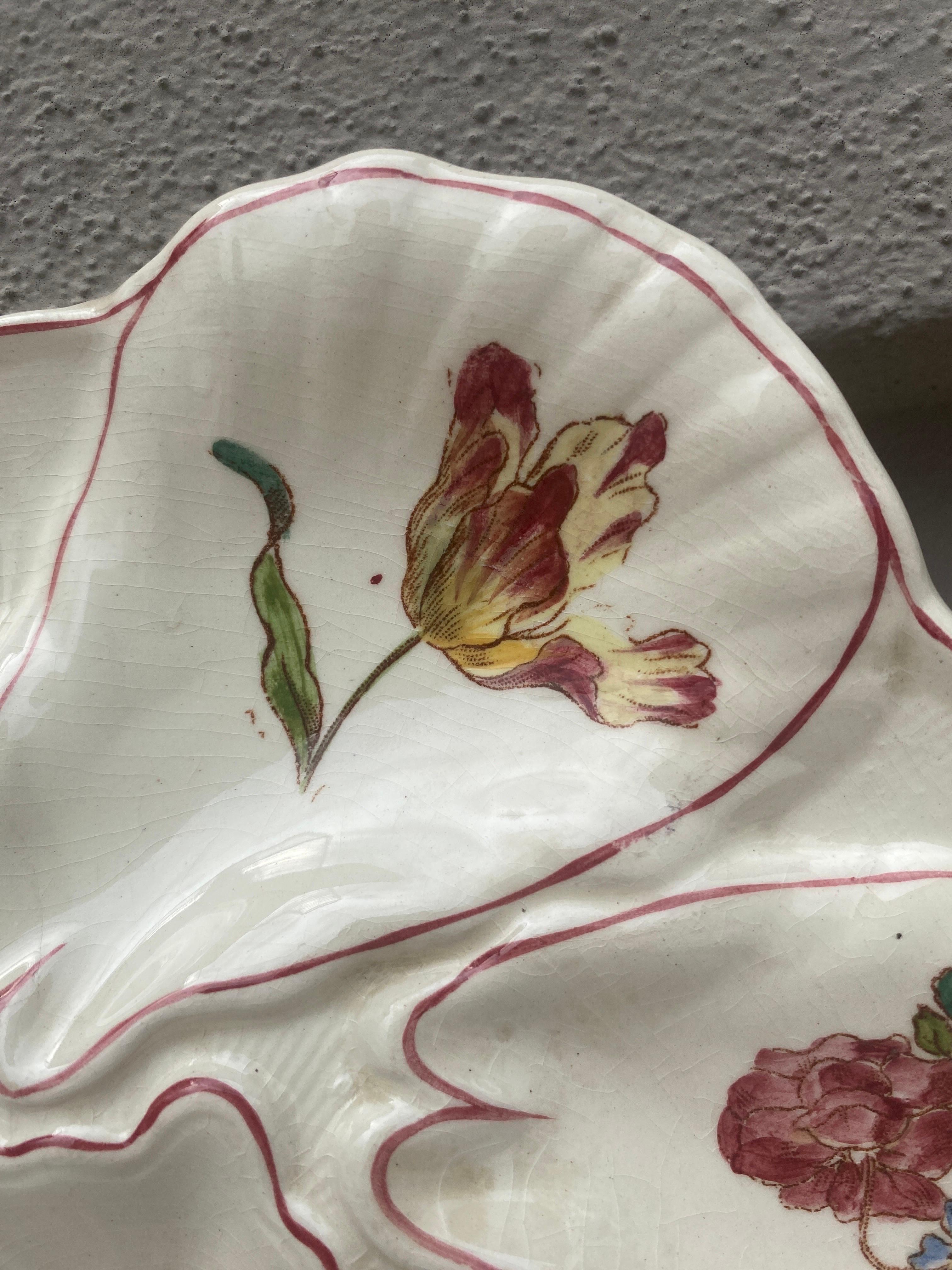 French Majolica Flowers Oyster Plate Longchamp, circa 1900 For Sale