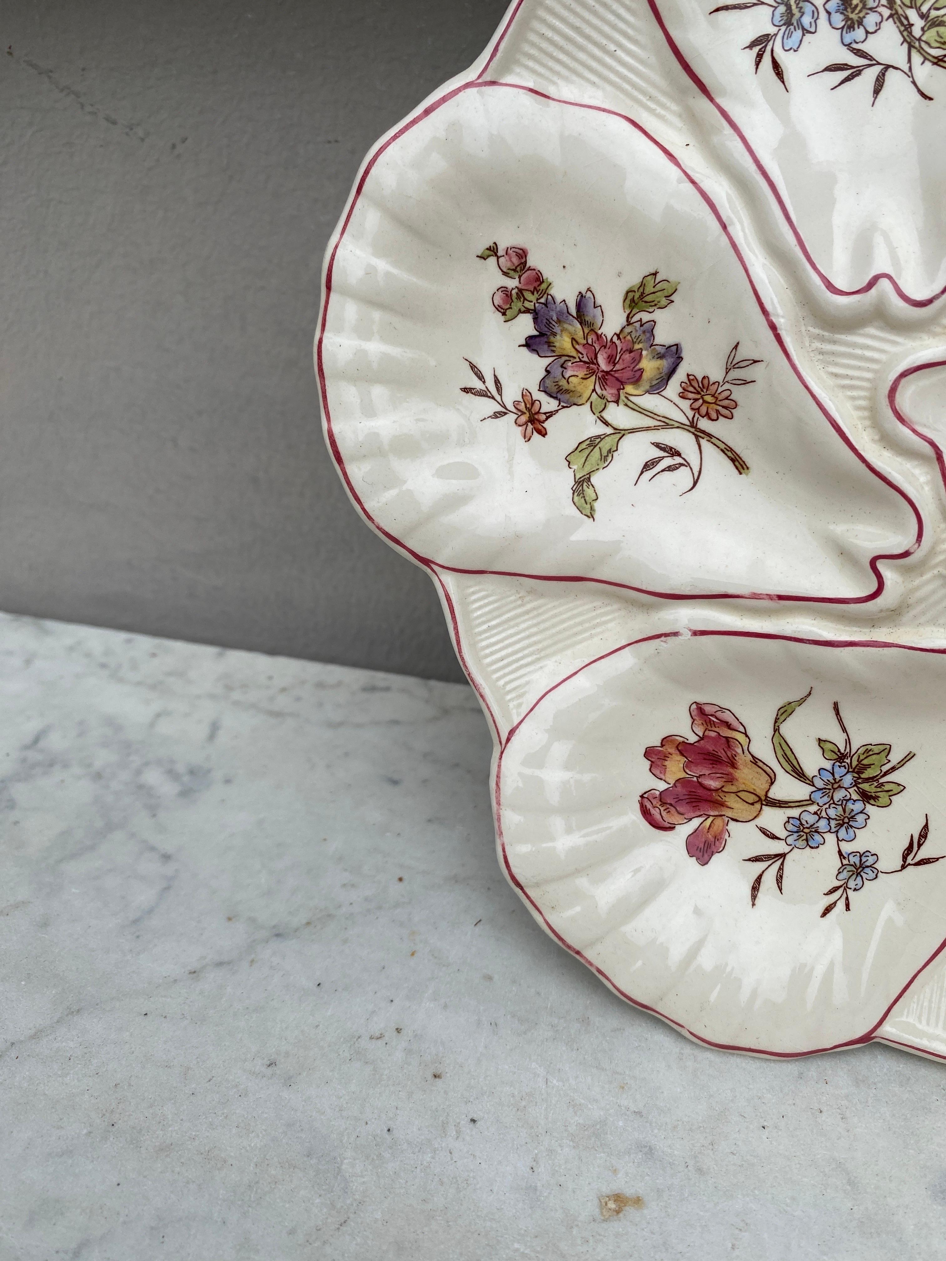 French Majolica Flowers Oyster Plate Longchamp, circa 1900 For Sale