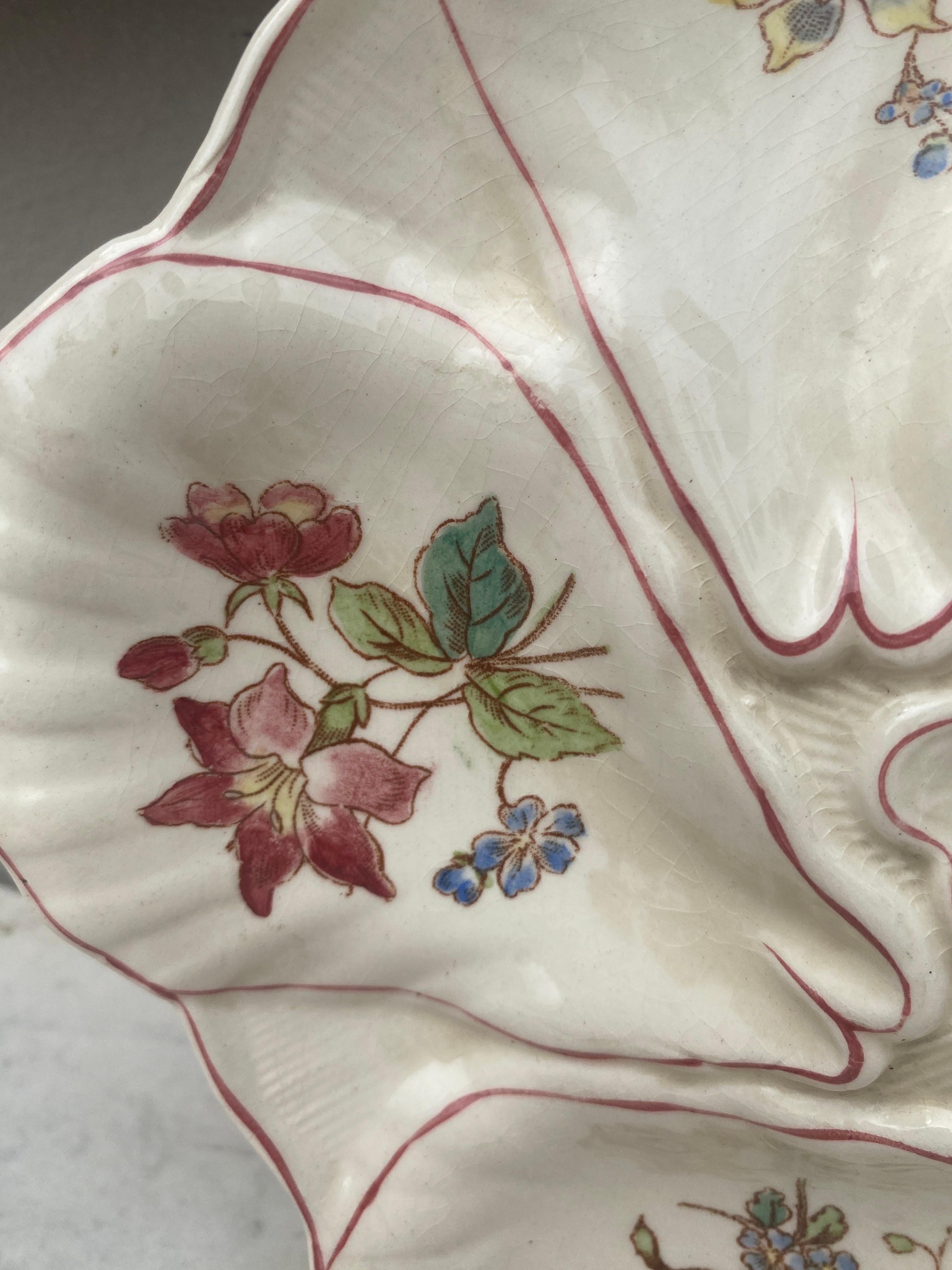 French Majolica Flowers Oyster Plate Longchamp, circa 1900 For Sale