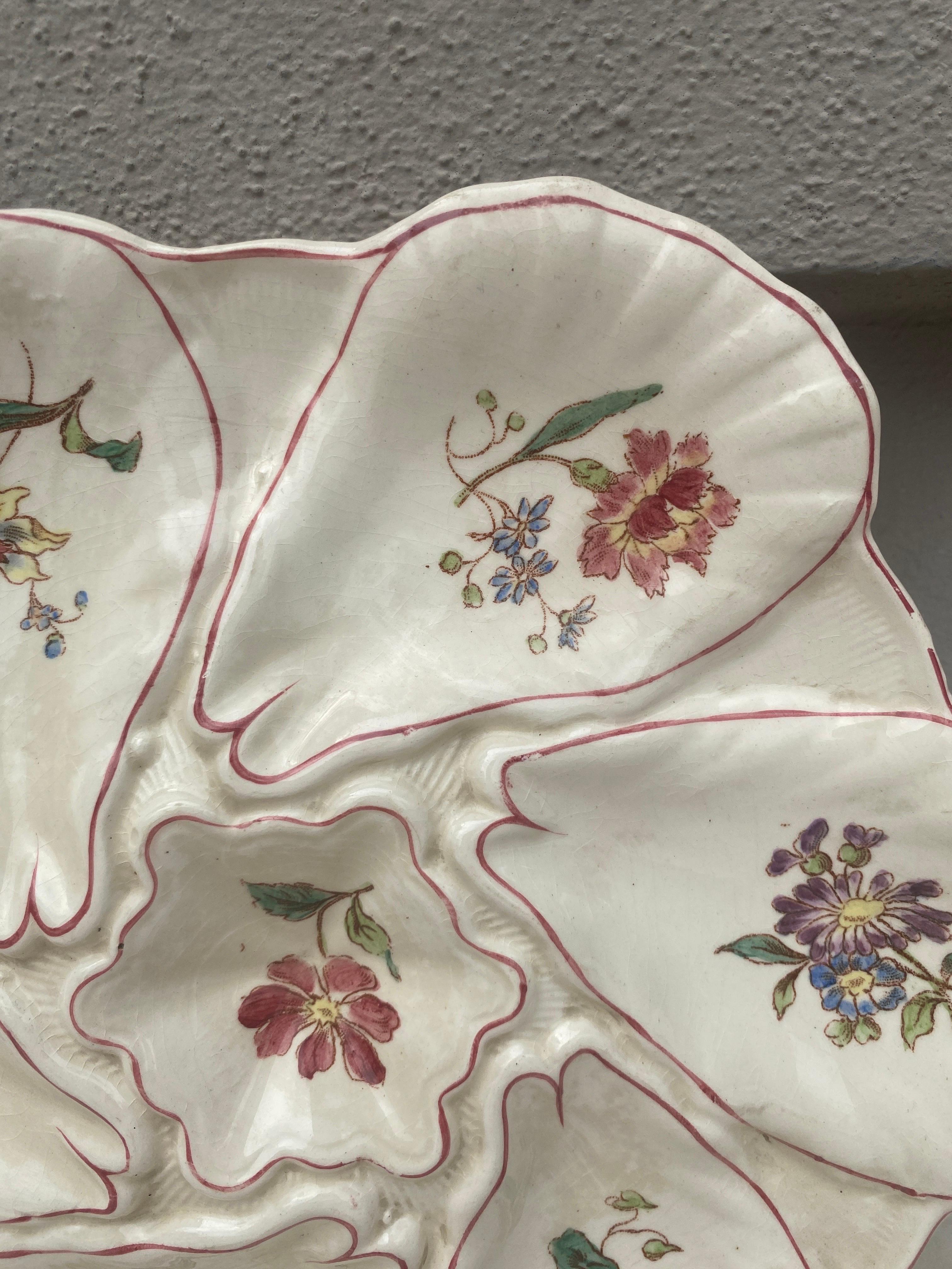 Early 20th Century Majolica Flowers Oyster Plate Longchamp, circa 1900 For Sale