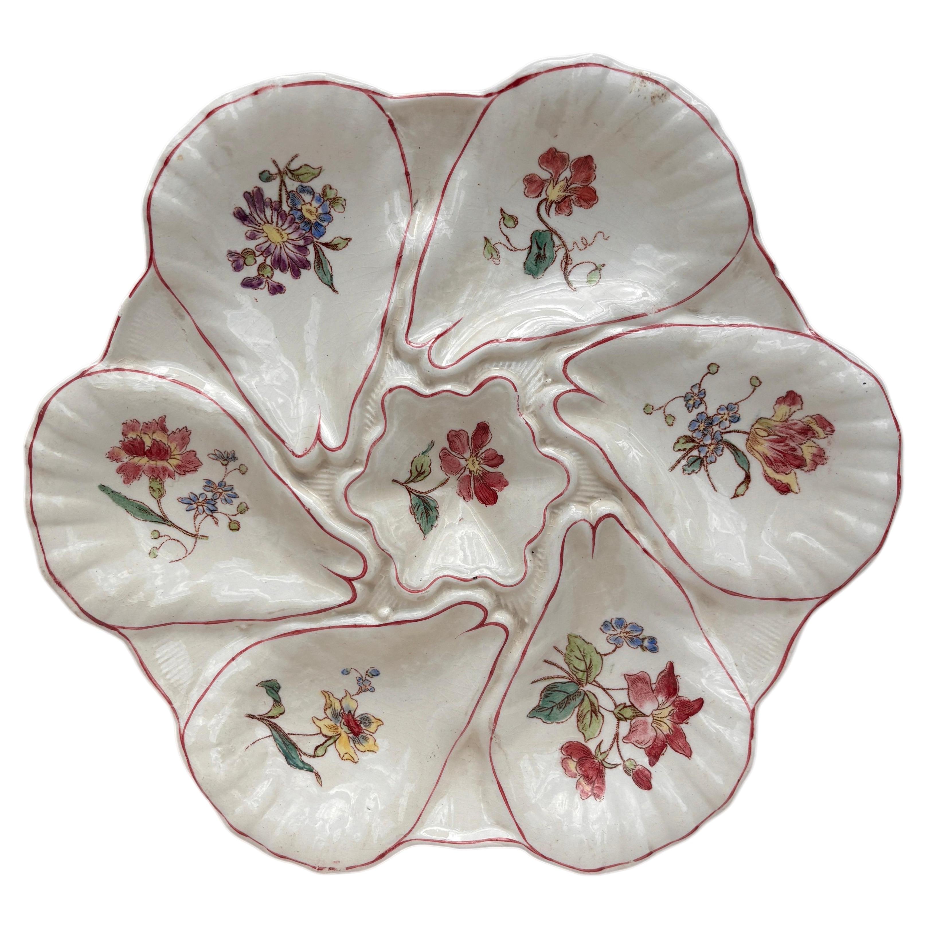 Majolica Flowers Oyster Plate Longchamp, circa 1900 For Sale