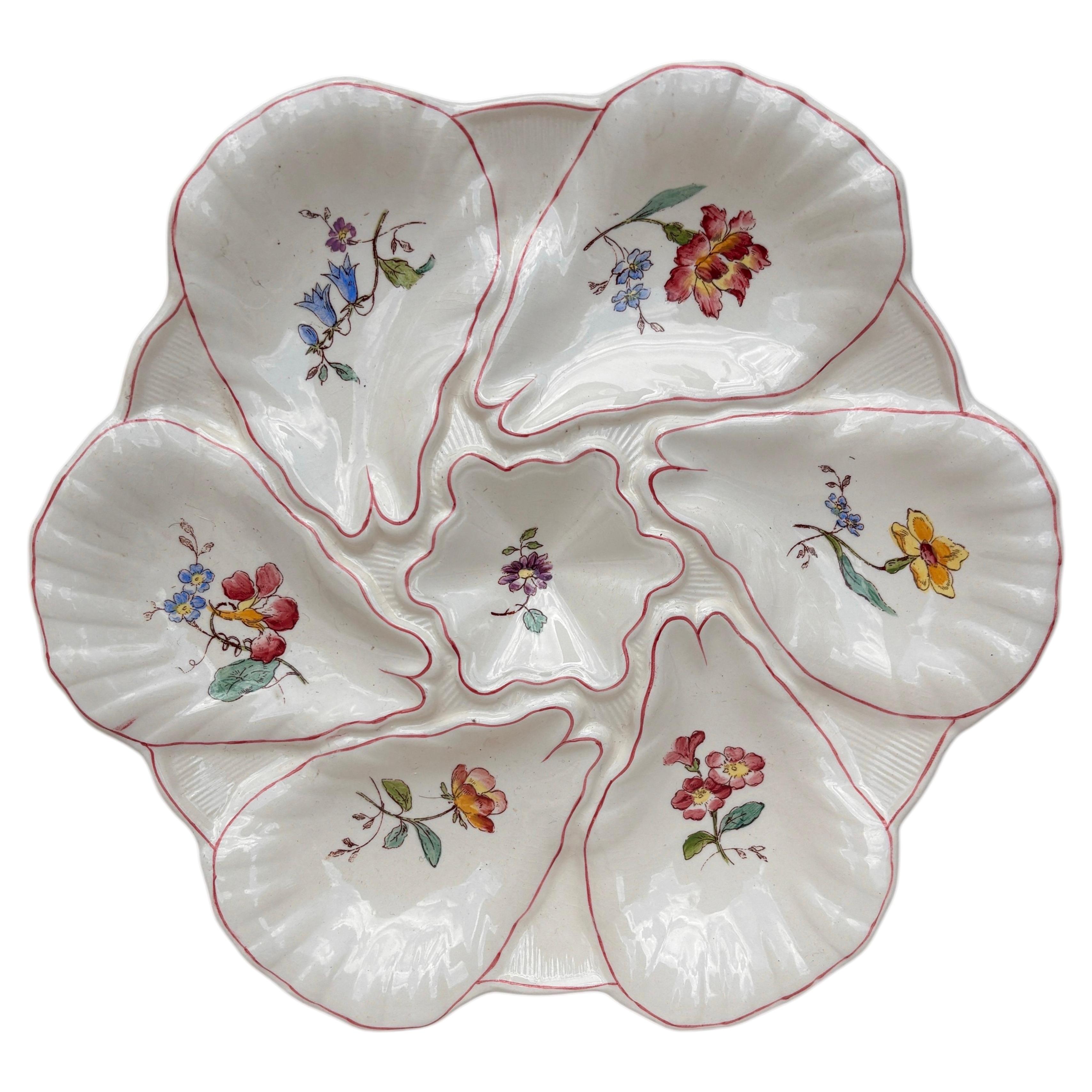 Majolica Flowers Oyster Plate Longchamp, circa 1900 For Sale