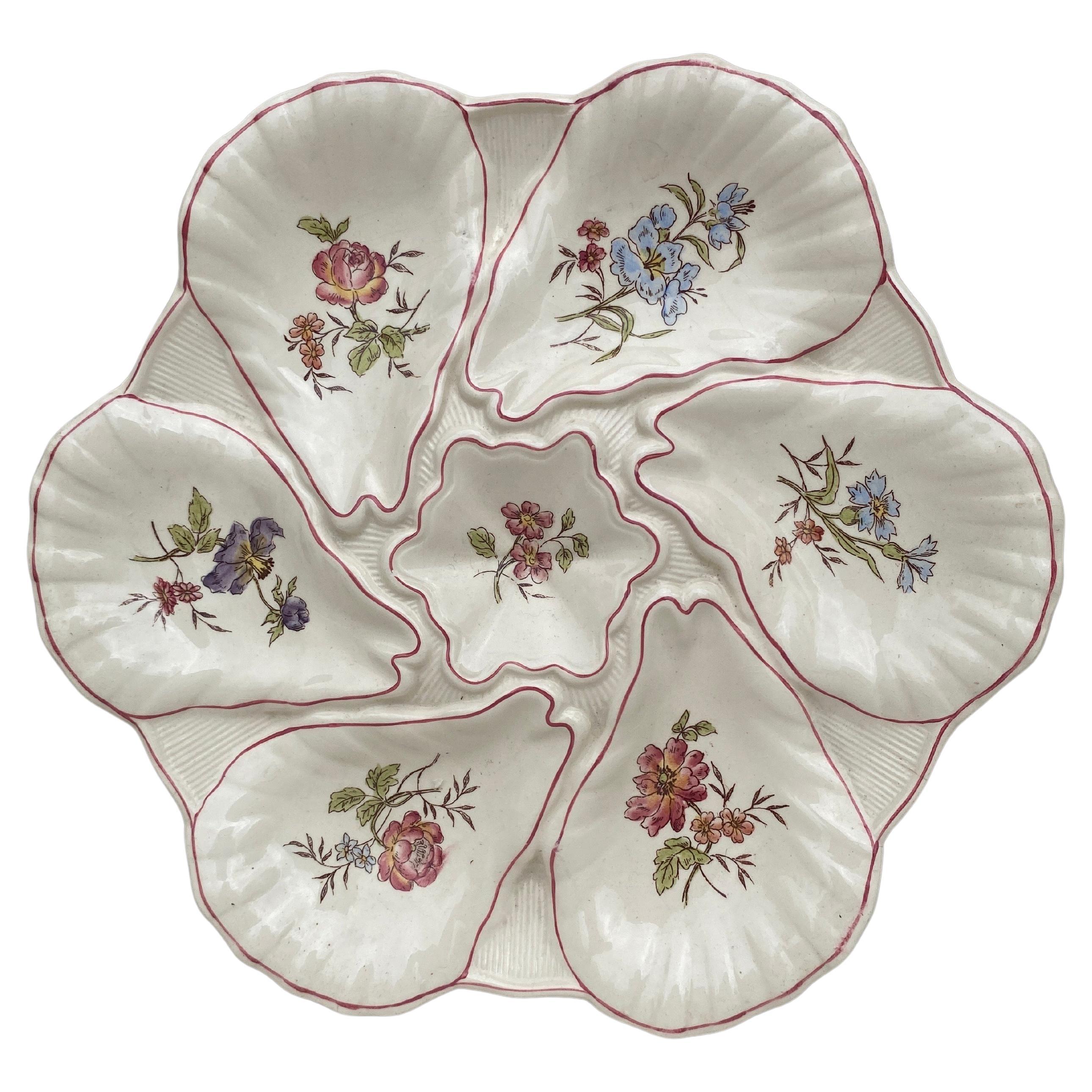 Majolica Flowers Oyster Plate Longchamp, circa 1900 For Sale