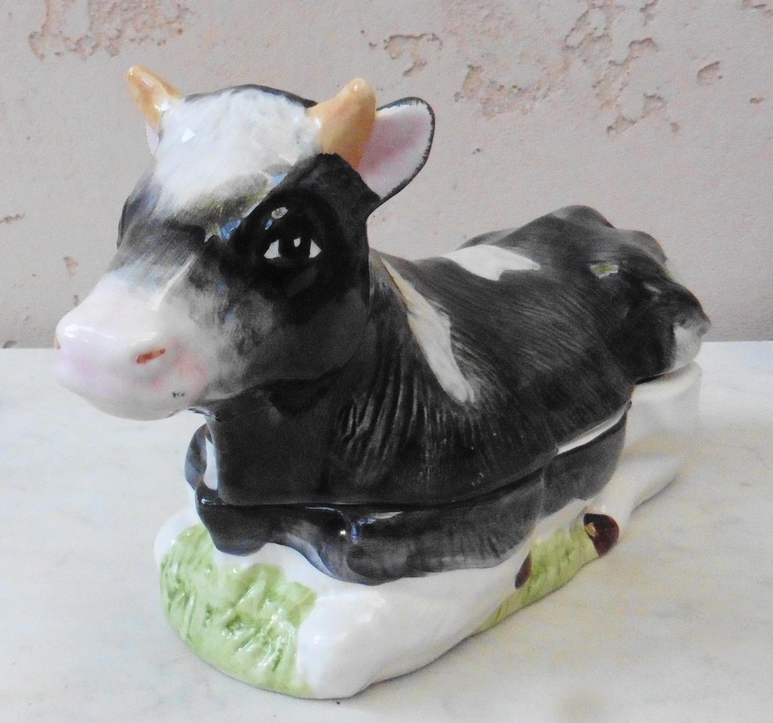 French ceramic cow tureen circa 1940 signed Caugant.