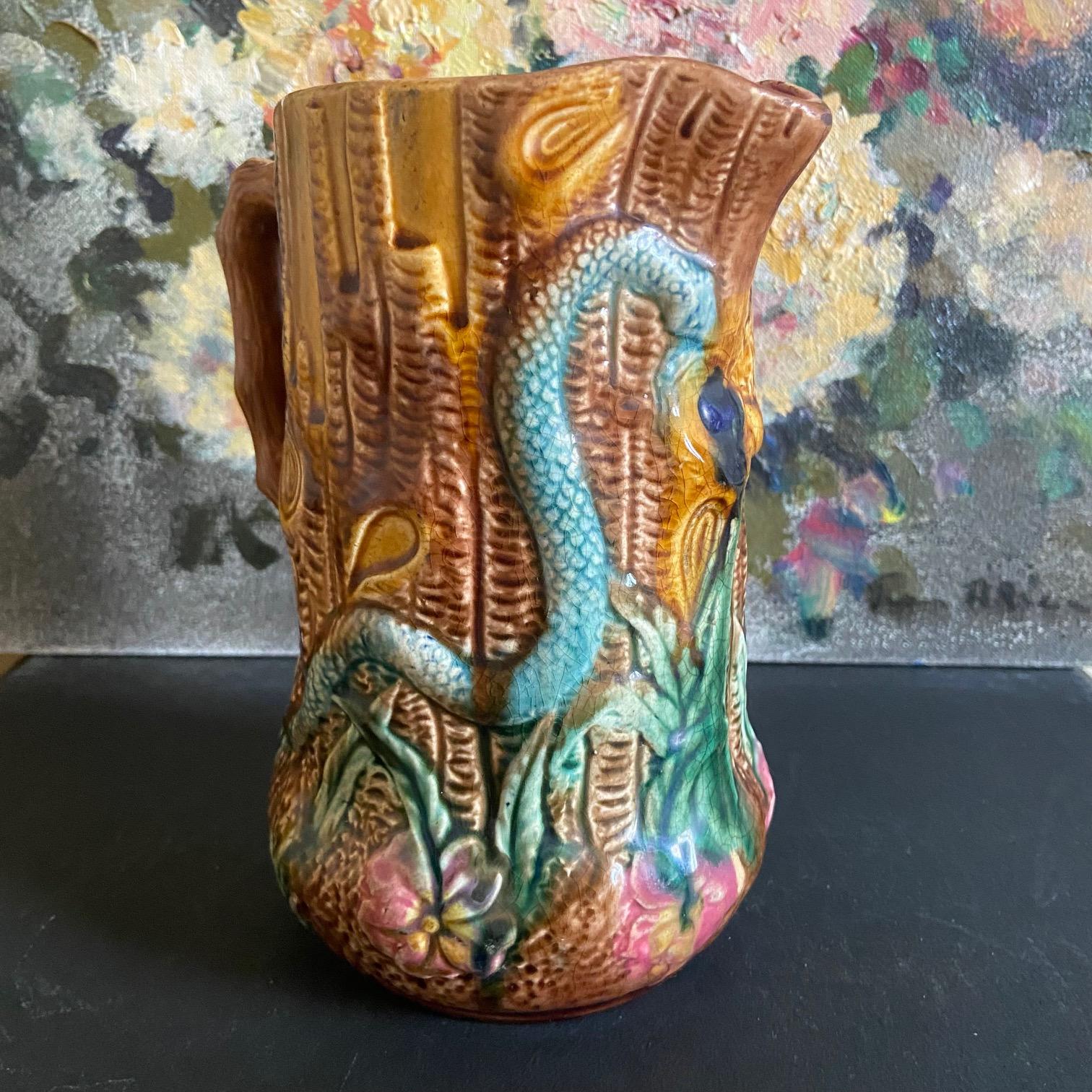 Majolica French snake pitcher, Palissy style For Sale 1