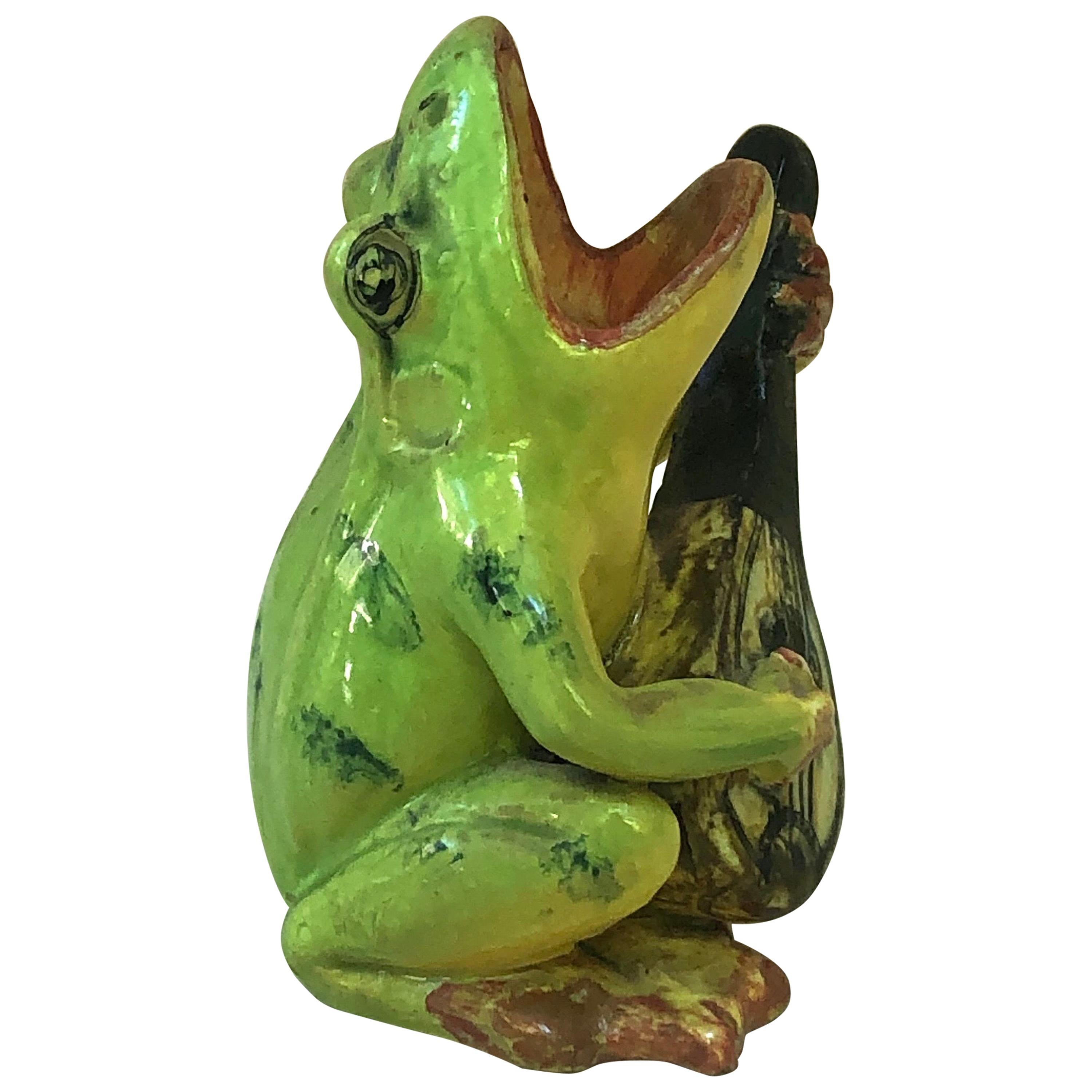 Majolica Frog with Mandolin Massier, circa 1900